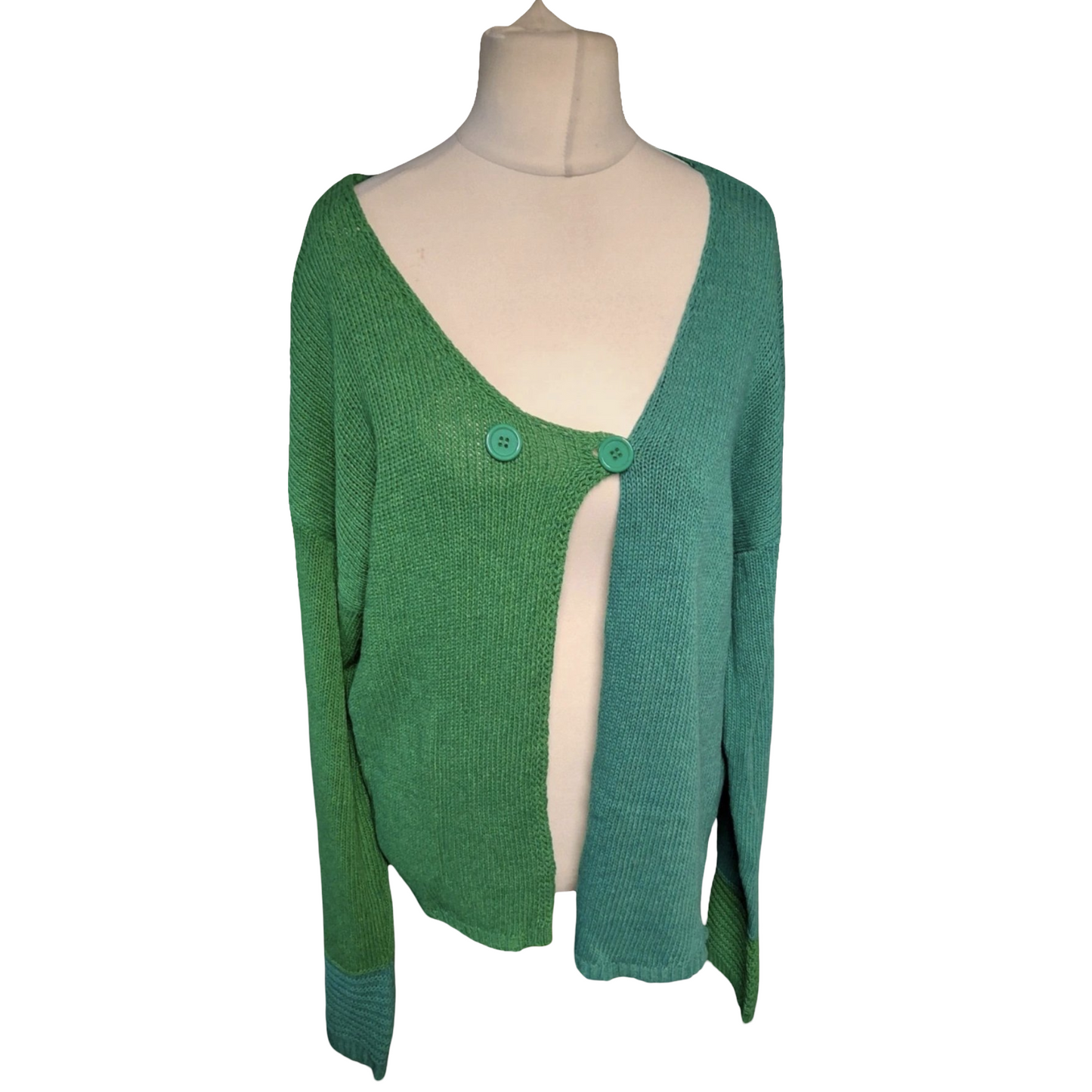 Handmade Green Colour Block Knit Cardigan ā Relaxed Fit, Button Close