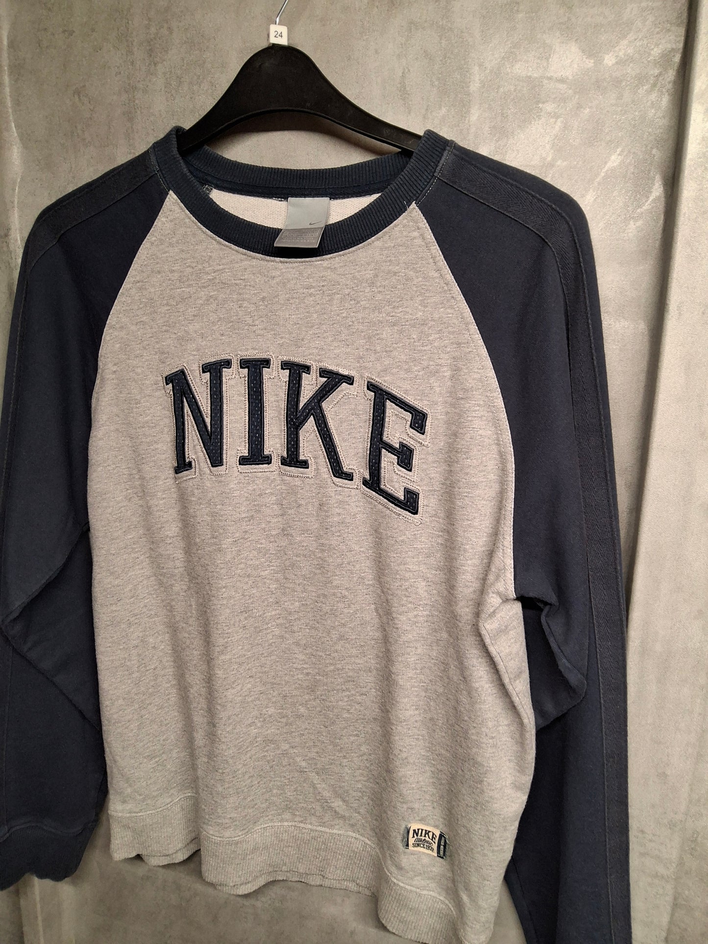 Men's Y2K Nike Grey & Navy Sweater – Small, Long Sleeve, Crew Neck, Logo Front, Sporty Retro Fit