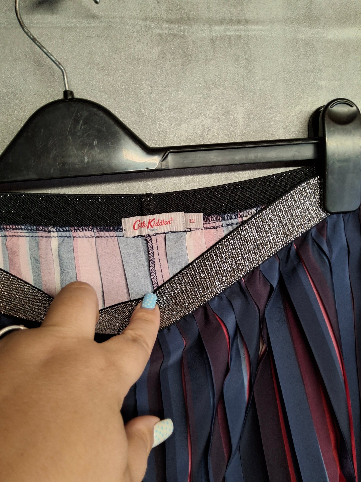 Cath Kidston 25th Anniversary Pleated Midi Skirt ā Blue/Red/Pink Glitter Waist ā Size 12
