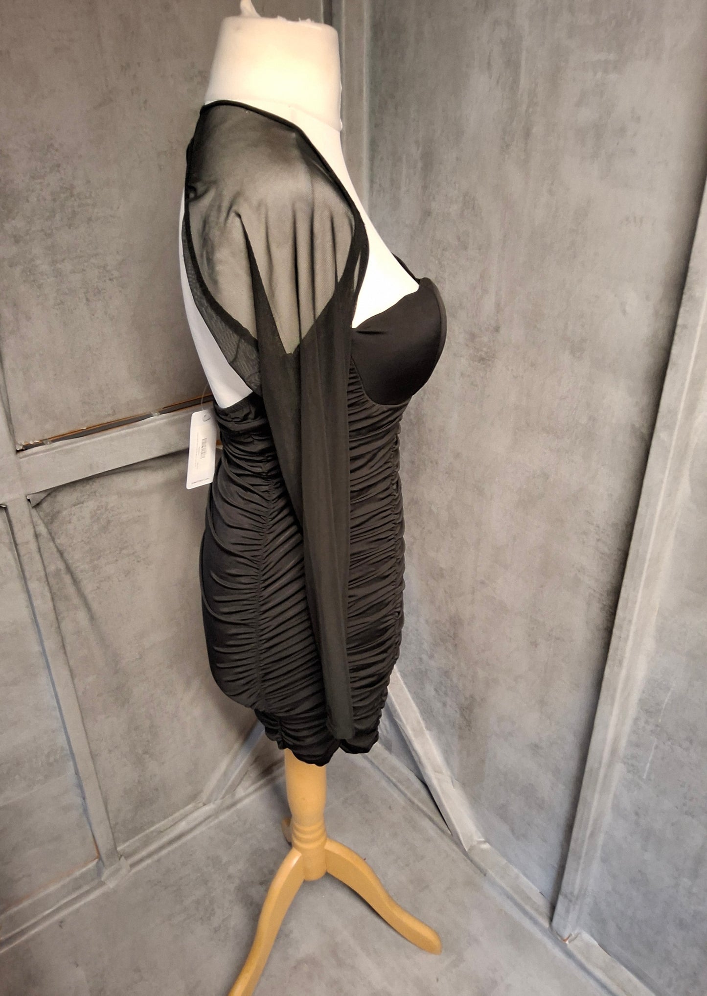 I Saw It First Black Ruched Mini Dress Size 12 – Open Back, Sheer Sleeves, Padded Bust