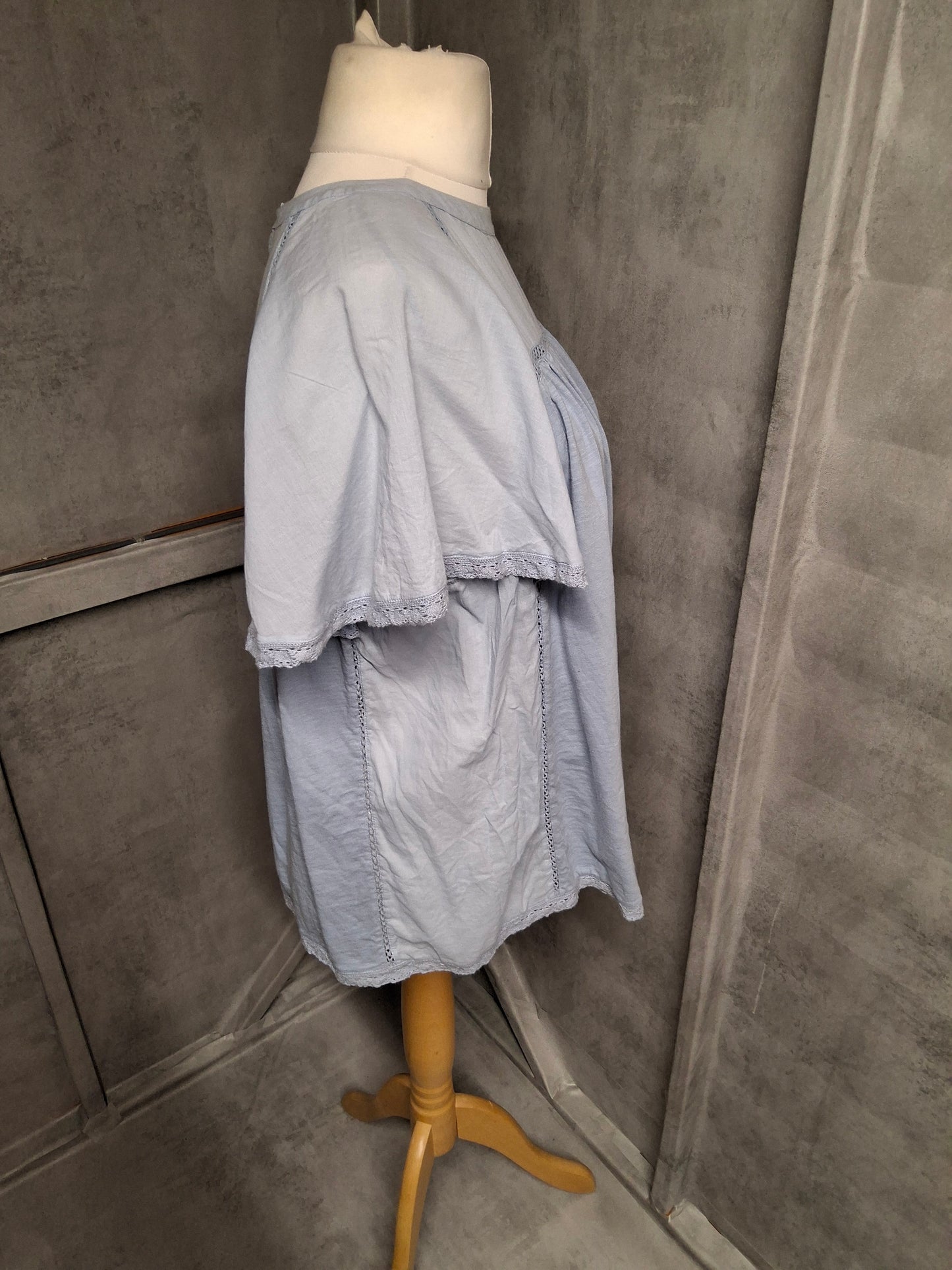 Per Una Blue Cotton Crochet Detail Top – Size 18 – Floaty Sleeves & Relaxed Fit