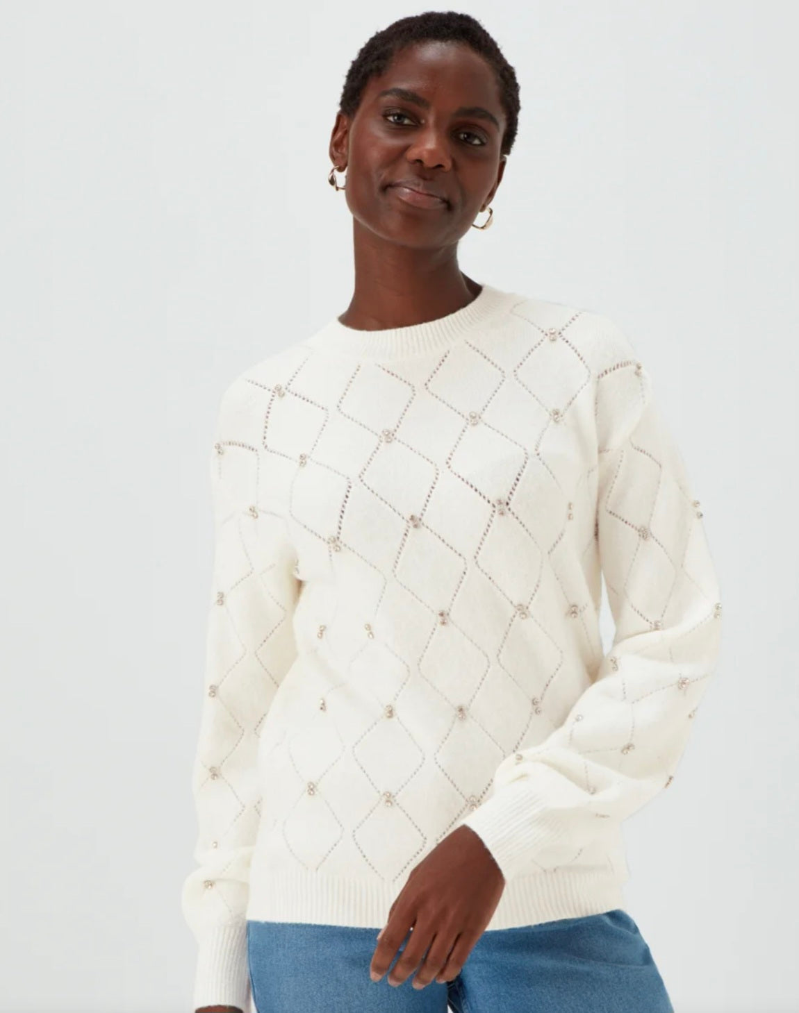 Matalan White Jumper with Diamanté Detail – Size M (UK size 10/12)