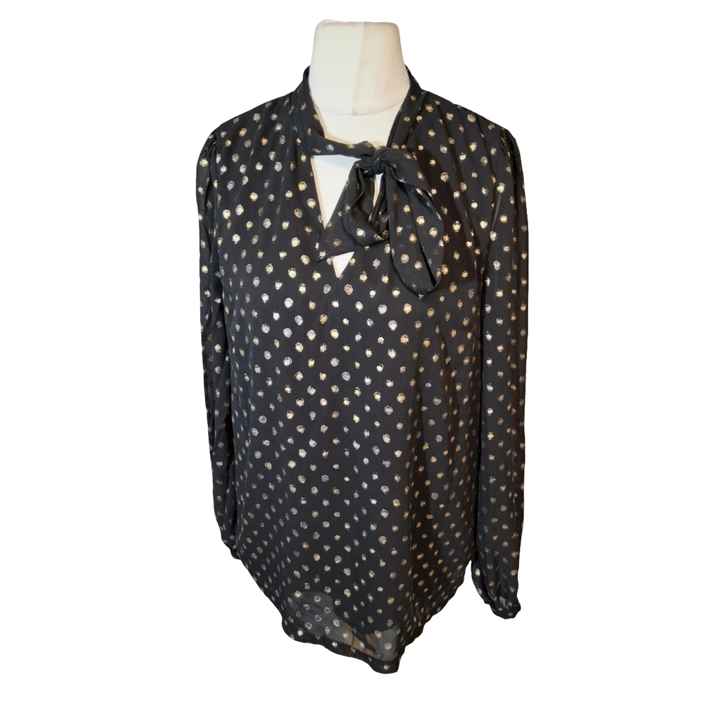 F&F Black & Gold Polka Dot Blouse with Neck Tie – Size 14