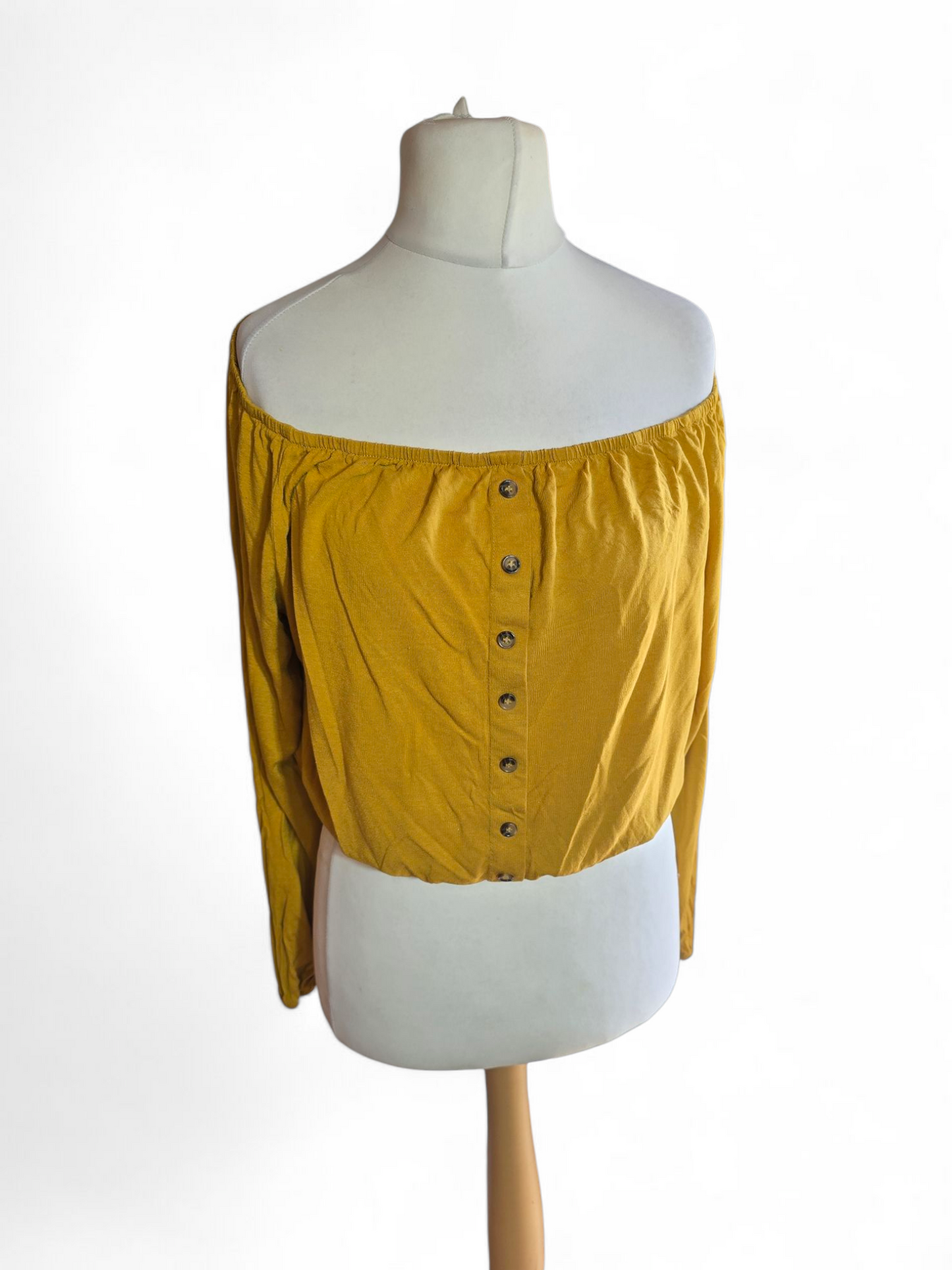 H&M Mustard Yellow Off-the-Shoulder Top Size L (Fits 12/14) – Button Front, Elasticated Waist & Cuffs