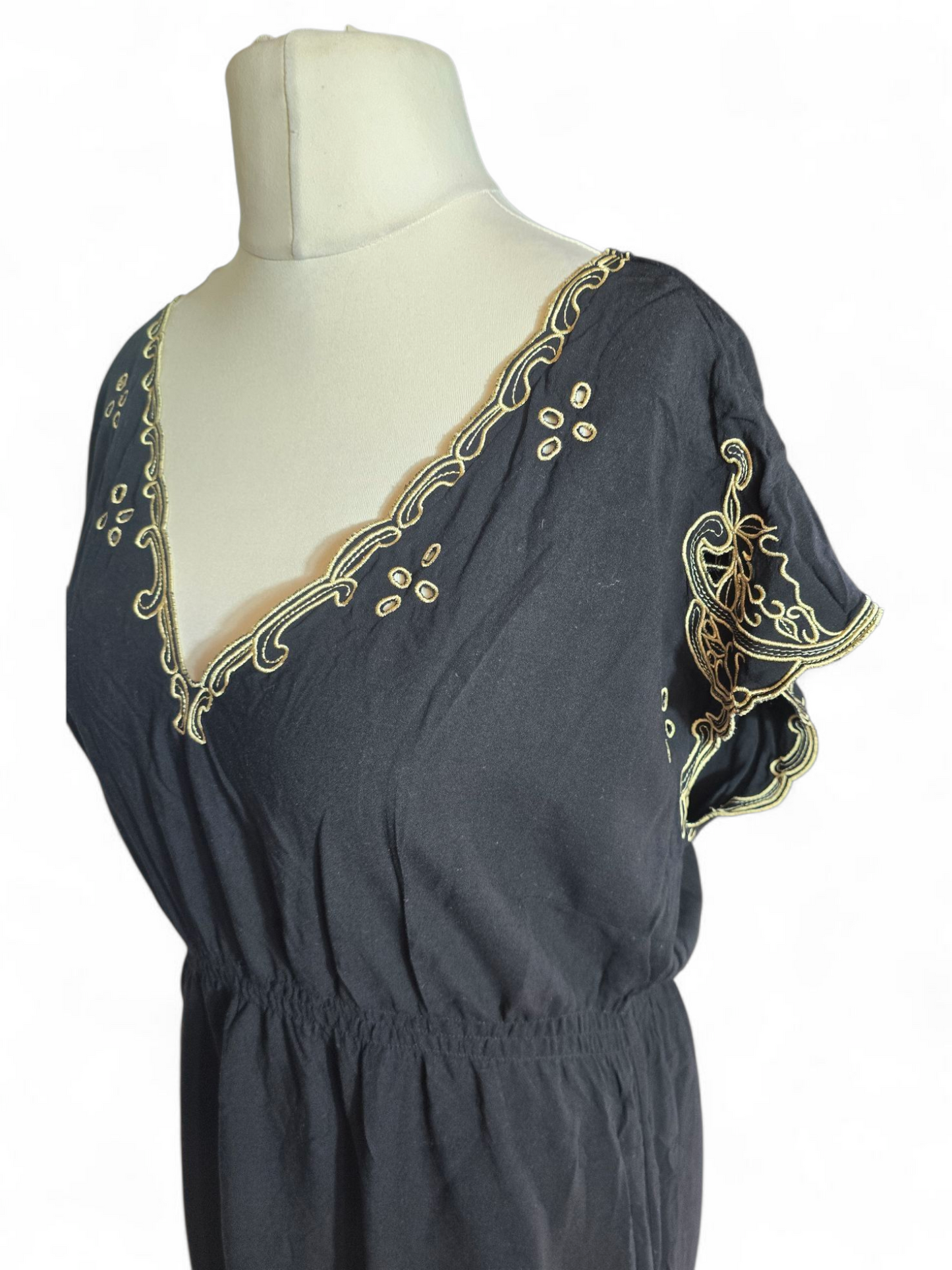 Primark Black & Beige V-Neck Summer Dress Size 18 – Knee Length, Elasticated Waist, Pattern Detail