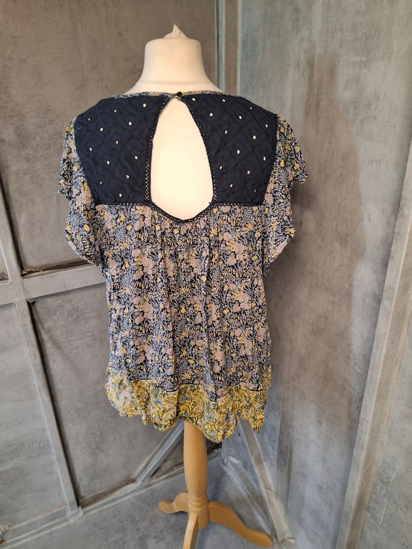 Next Navy & Yellow Floral Blouse β Size 18, 100% Viscose, Boho Vibes & Breezy Feels