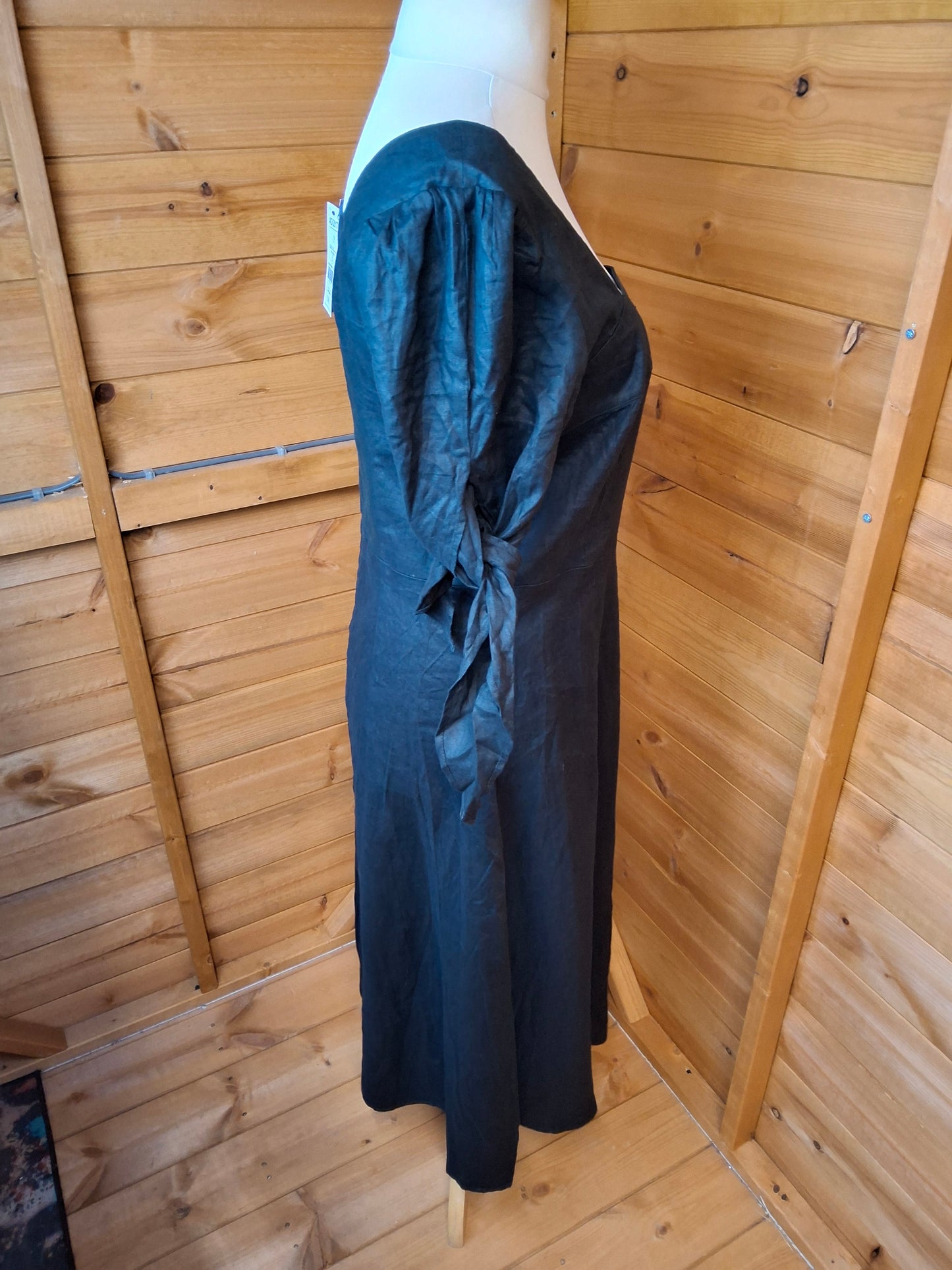 Next Black 100% Linen Midi Dress – Size 12 – NWT – Tie Sleeves – RRP £48