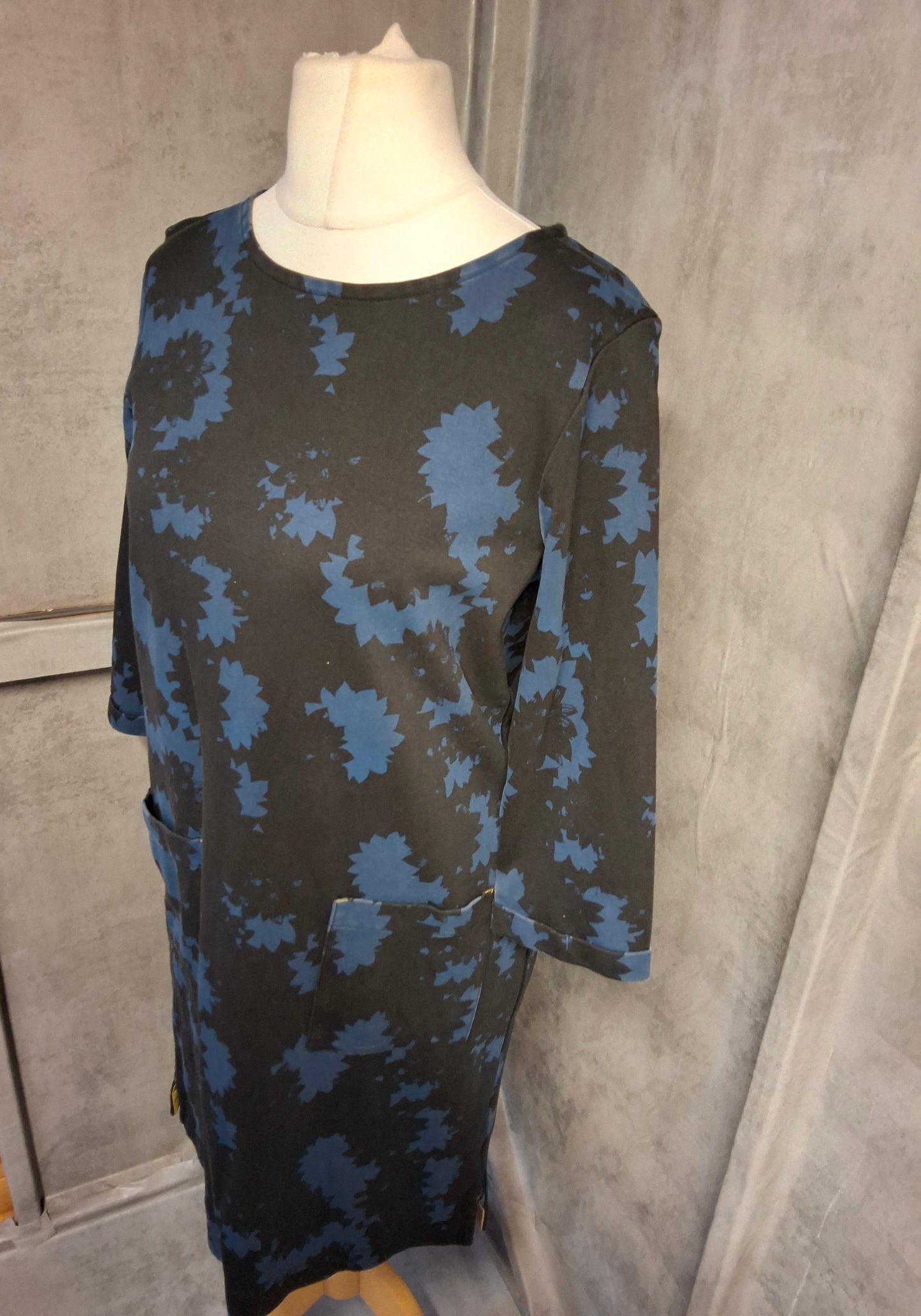 White Stuff Navy Blue Floral Cotton Midi Dress UK 12 | Pockets | 3/4 Sleeve | Everyday Casual Style
