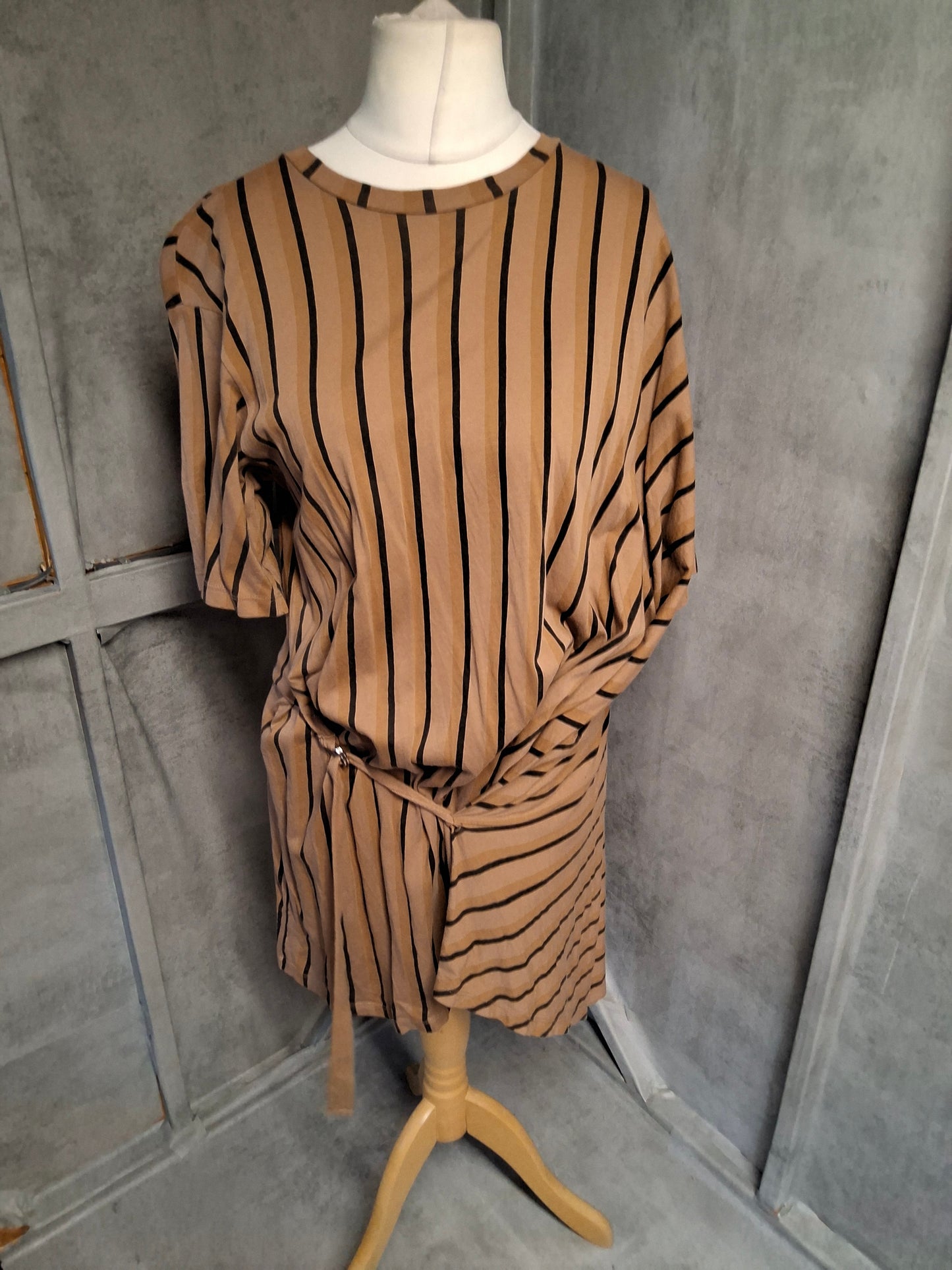 Zara Oversized Brown & Black Striped Wrap Dress – Size S (UK 8–10) – Tie Waist – Easy Style