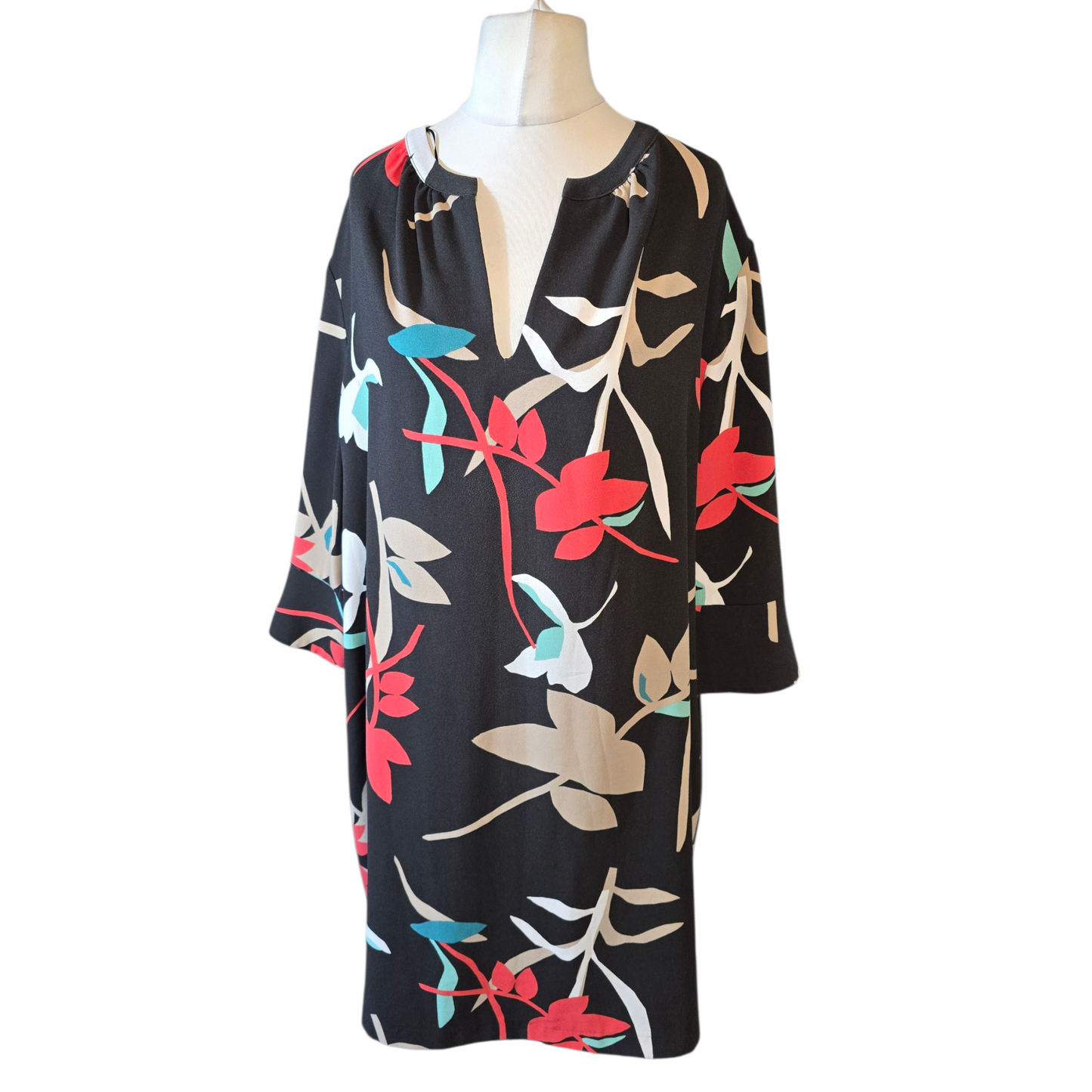 M&S Black Patterned Midi Dress – Size 22 – ¾ Sleeve