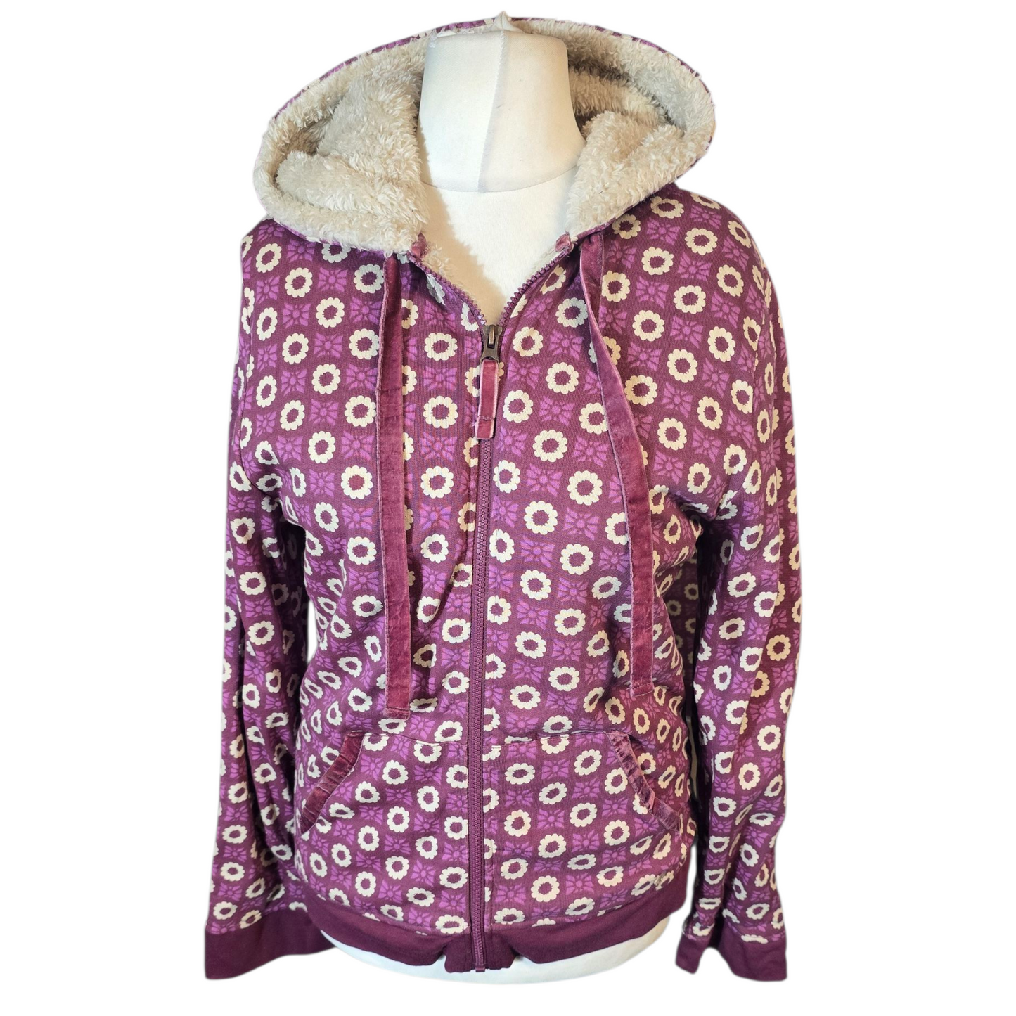 Country Rose Purple & Cream Floral Fleece-Lined Hoodie – Size Small (UK 10/12)