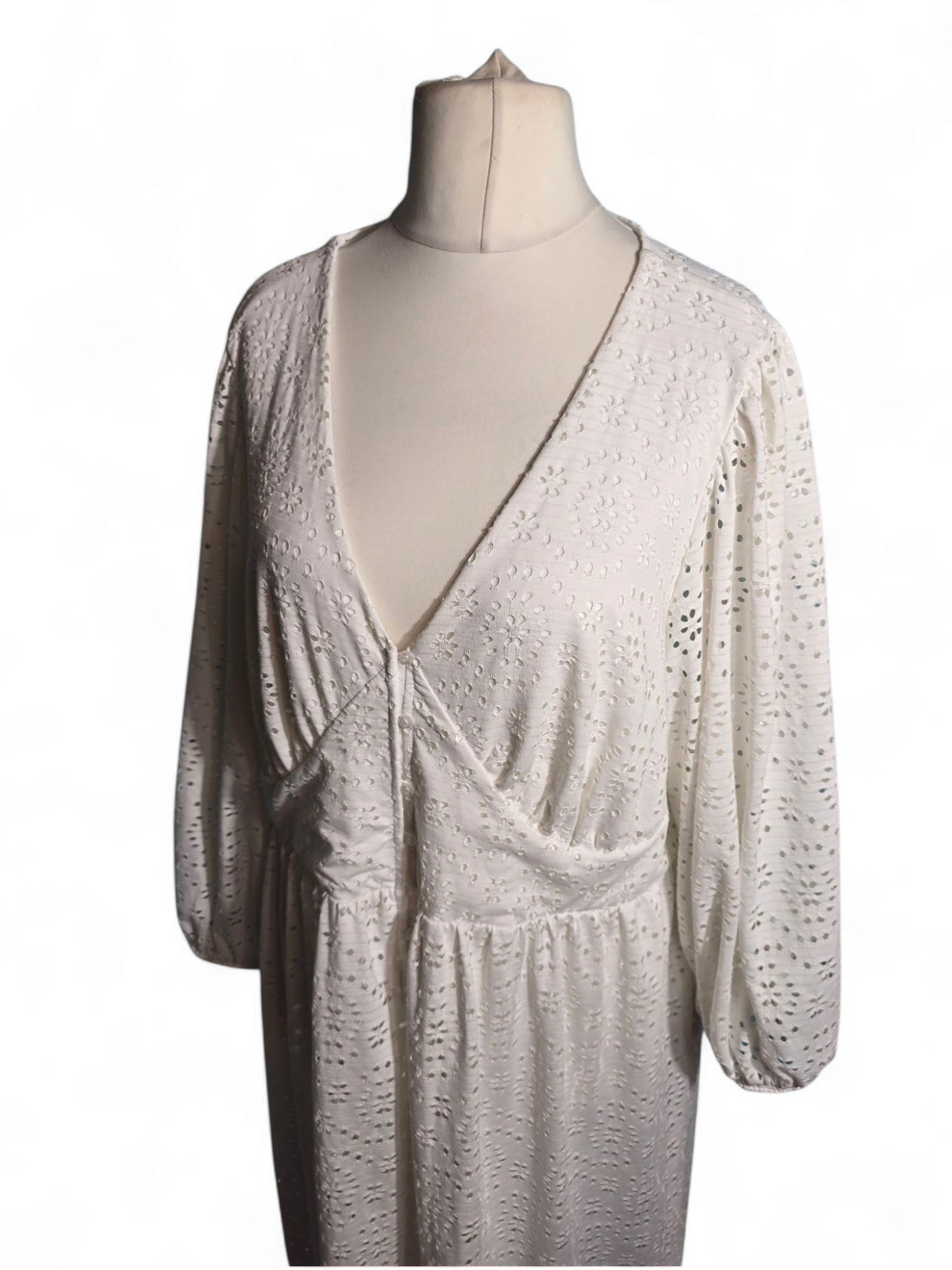 River Island Plus White Crochet Maxi Dress – Size 22, Long Sleeve, V-Neck, Lined, Sheer Detail