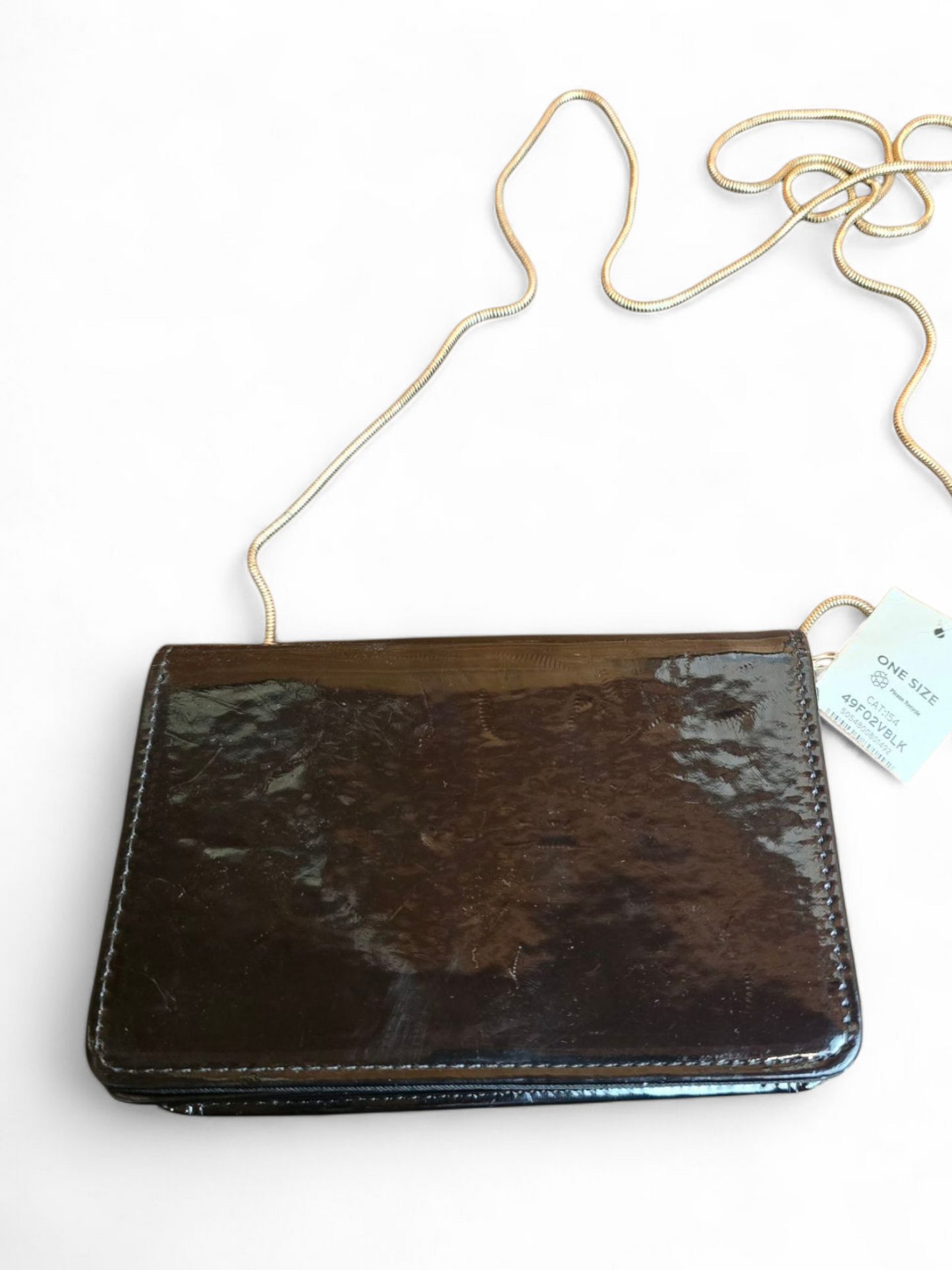 Miss Selfridge Black Patent Clutch – Gold Chain, Removable Strap, Popper Close, 17x11cm