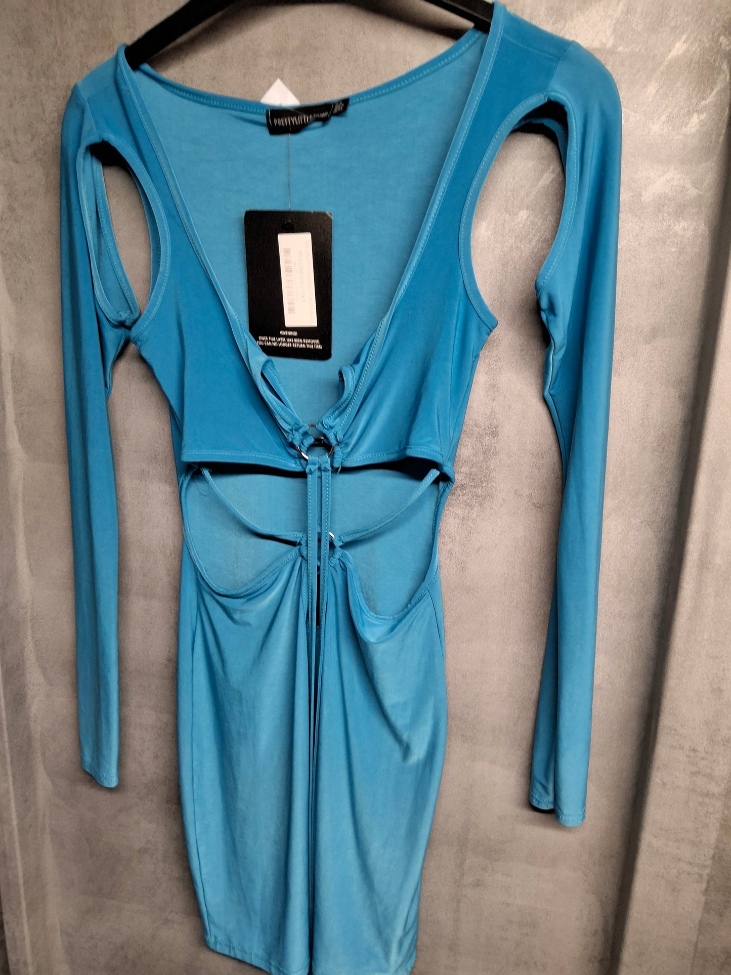 PrettyLittleThing Blue Cold Shoulder Bodycon Mini Dress ā Size 6 ā BNWT ā Tie Front Party Look