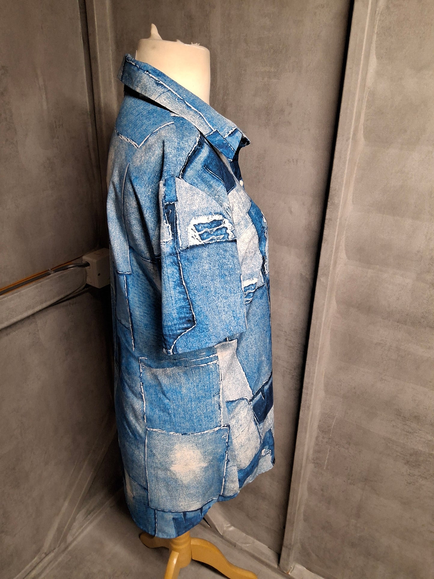 Chic Me Blue Patchwork Print Shirt Dress – Size L (UK size 12)