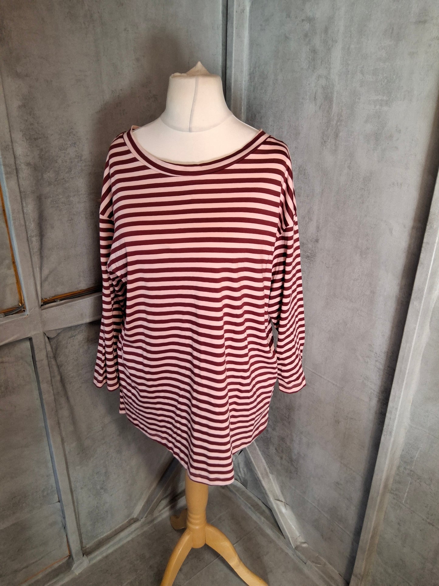 F&F Pink & Red Striped ¾ Sleeve Longline T-Shirt – Size 16 – 100% Cotton – NWT
