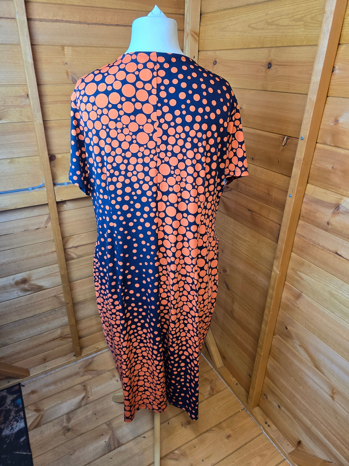 Kaleidoscope Orange & Black Polka Dot Midi Dress | Size 22 UK | Wrap V-Neck, Tummy Control