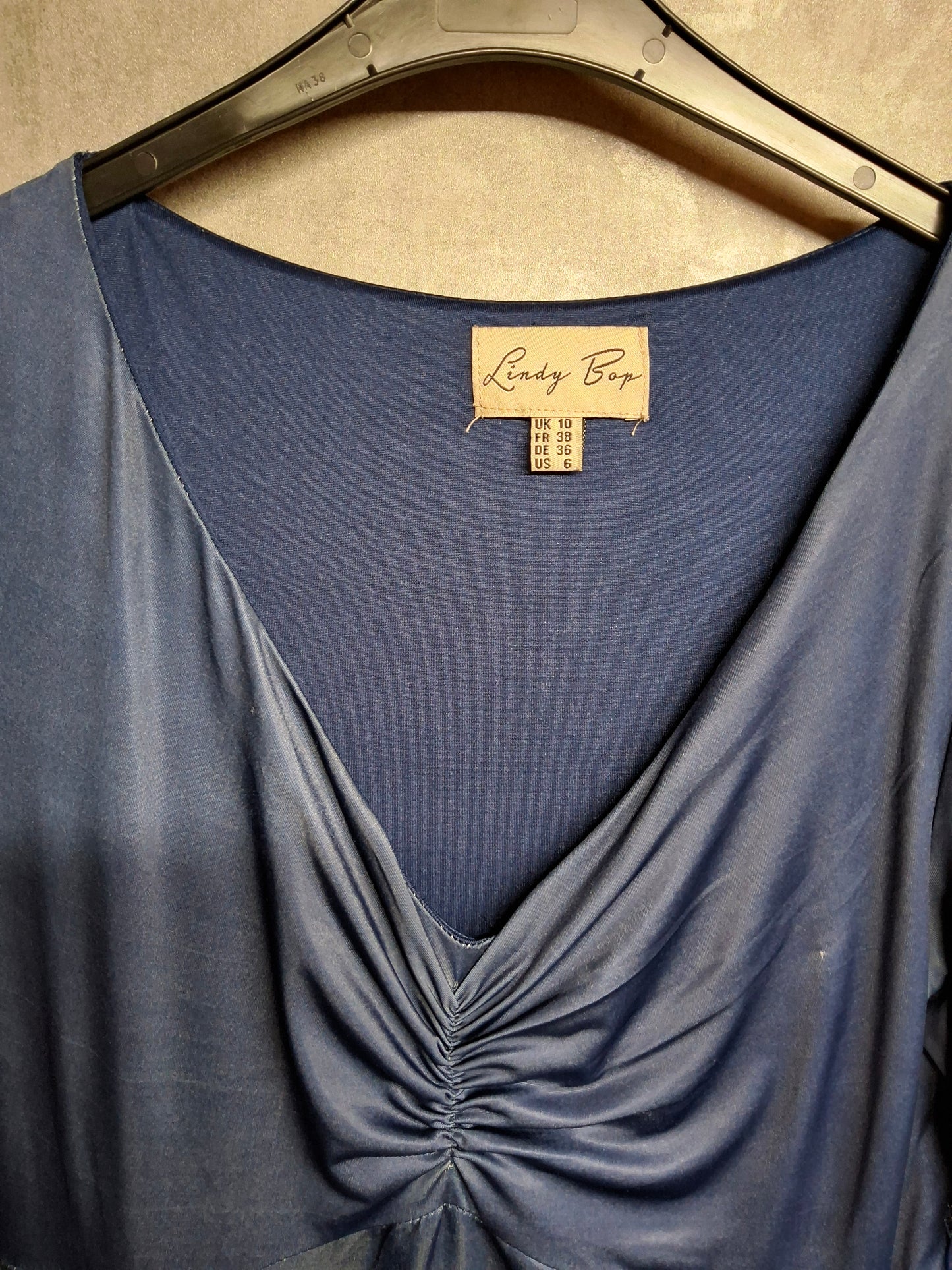 Lindy Bop Navy New York Print Midi Dress ā Size 10 ā Ruched Bust & Lined