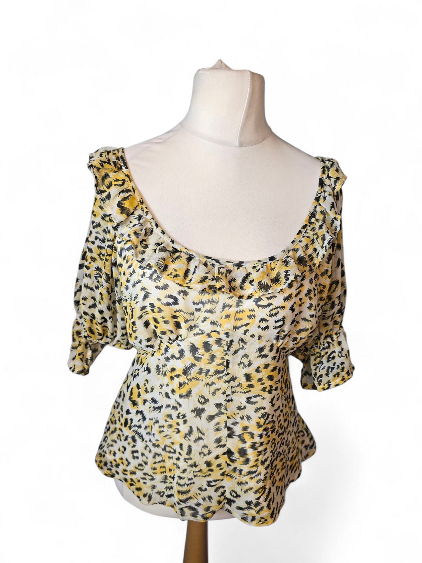 ASOS Yellow & Black Leopard Print Top | Size 12 UK | V-Neck & Sheer Sleeves