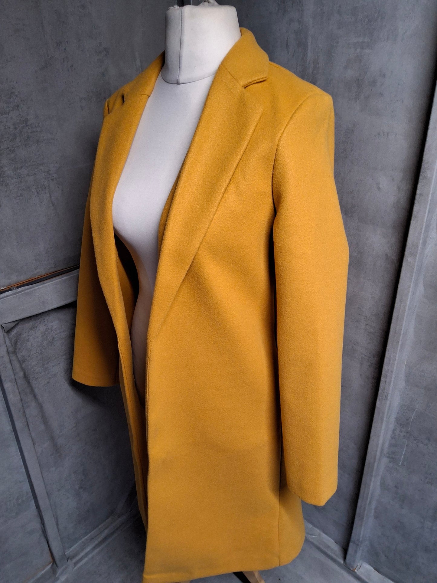 F&F Mustard Yellow Open Front Midi Coat – Size Small (size 8–10) – Bright & Chic