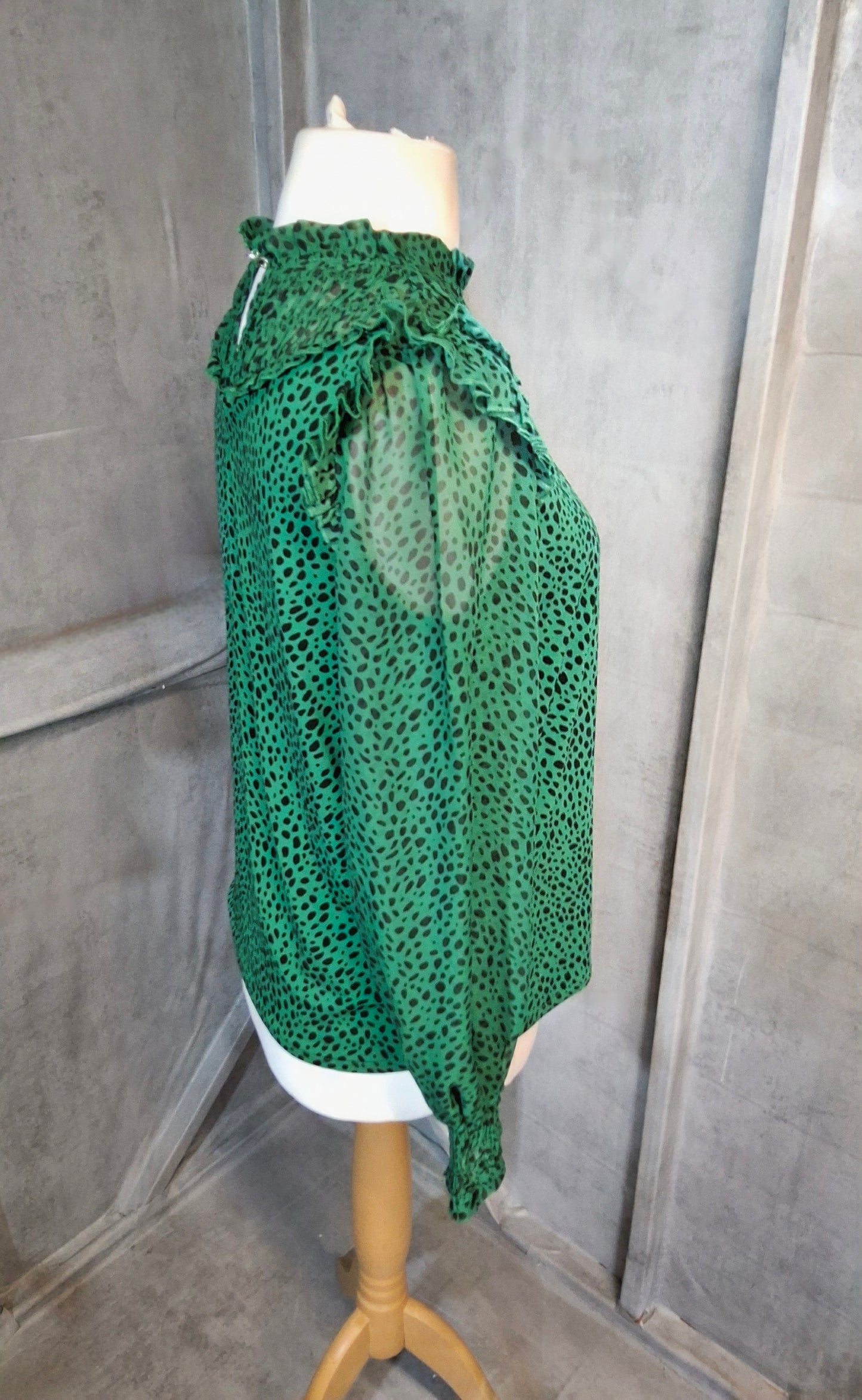 Lipsy Love & Roses Green Leopard Print Blouse β Sheer Sleeves, High Neck β Size S (size 10/12)