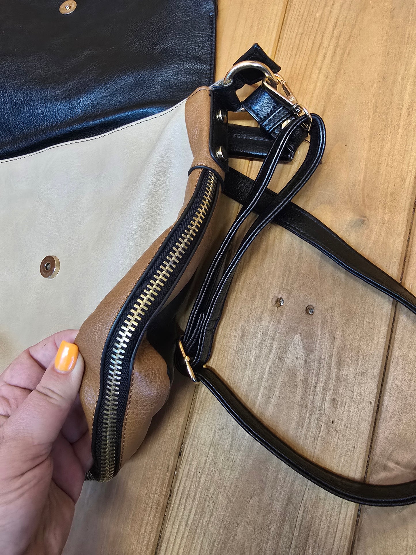 Oasis Black, Brown & Cream Faux Leather Shoulder Bag | Adjustable Strap | Expandable Zip | 36cm x 26cm