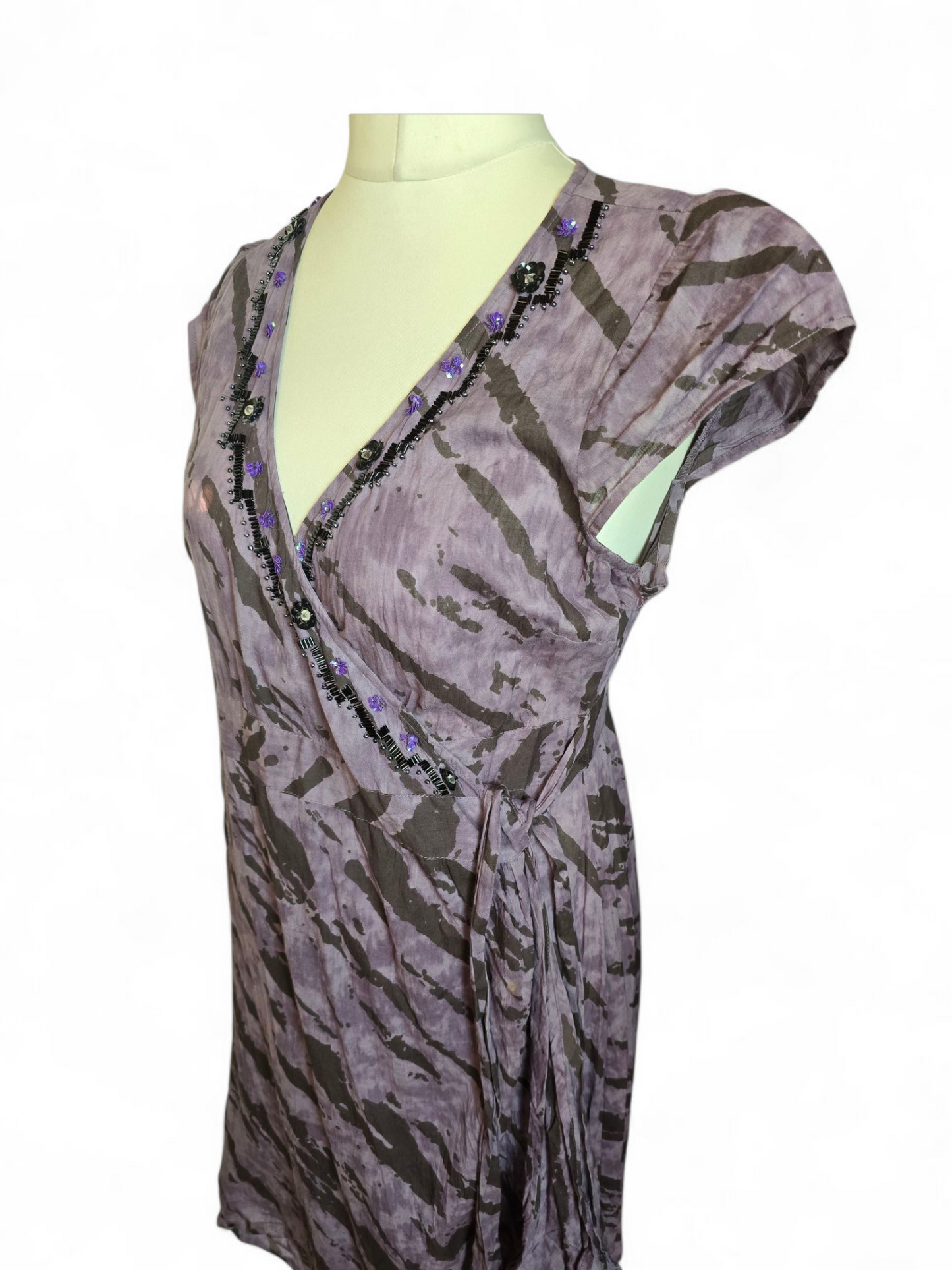 Joe Browns Purple Zebra Print Wrap Dress Size 16 – Midi, V-Neck, Gem Detail, 100% Cotton