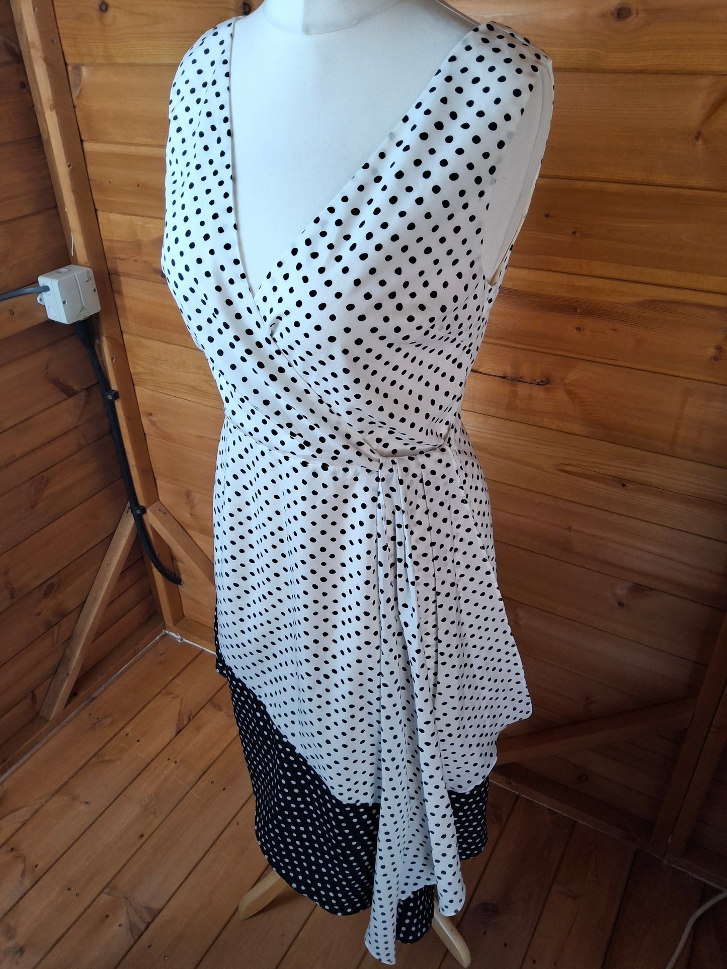 Lavish Alice Black & White Polka Dot Midi Dress – Size 12, Sleeveless, V-Neck, Asymmetrical Hem