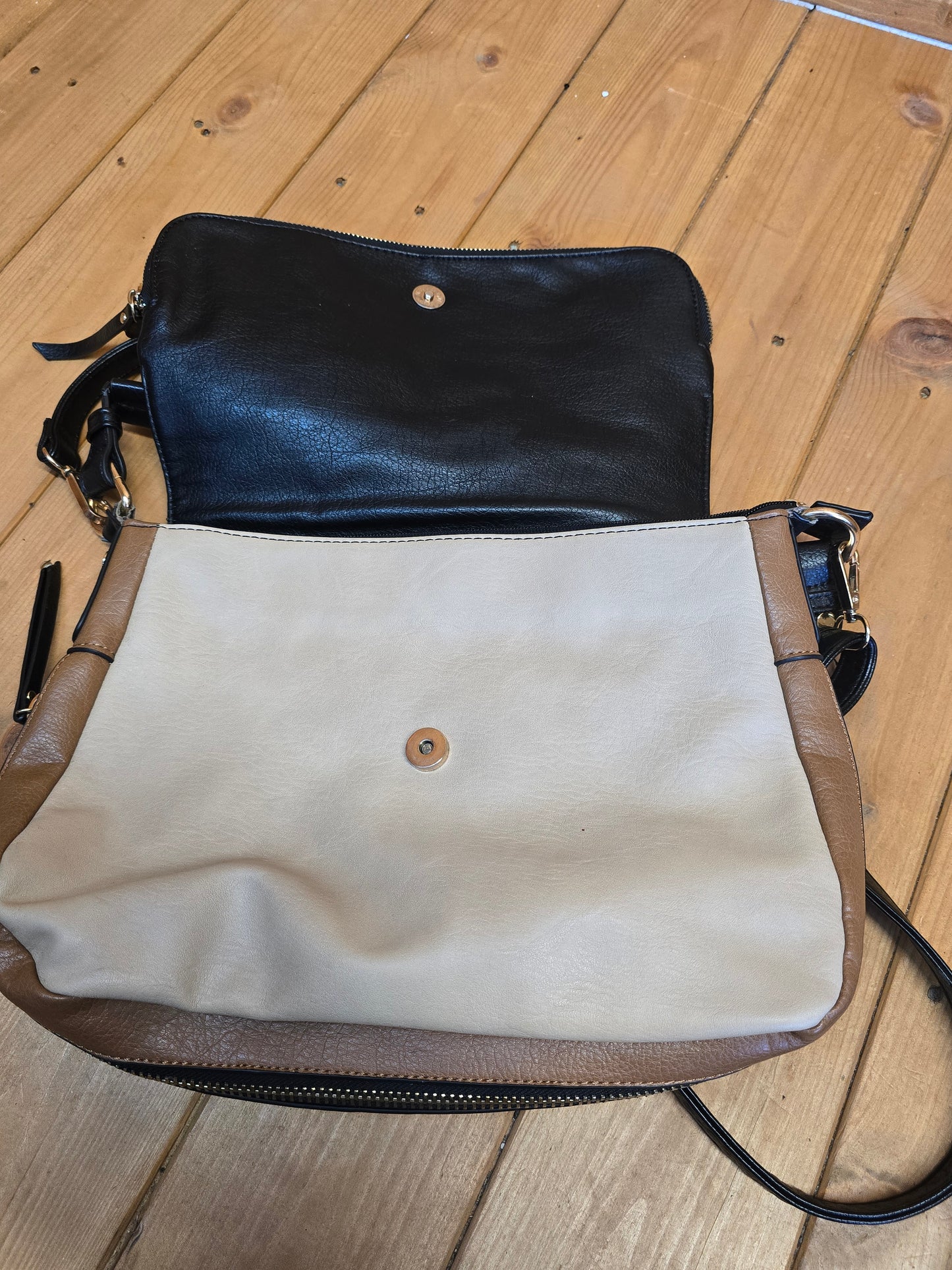 Oasis Black, Brown & Cream Faux Leather Shoulder Bag | Adjustable Strap | Expandable Zip | 36cm x 26cm