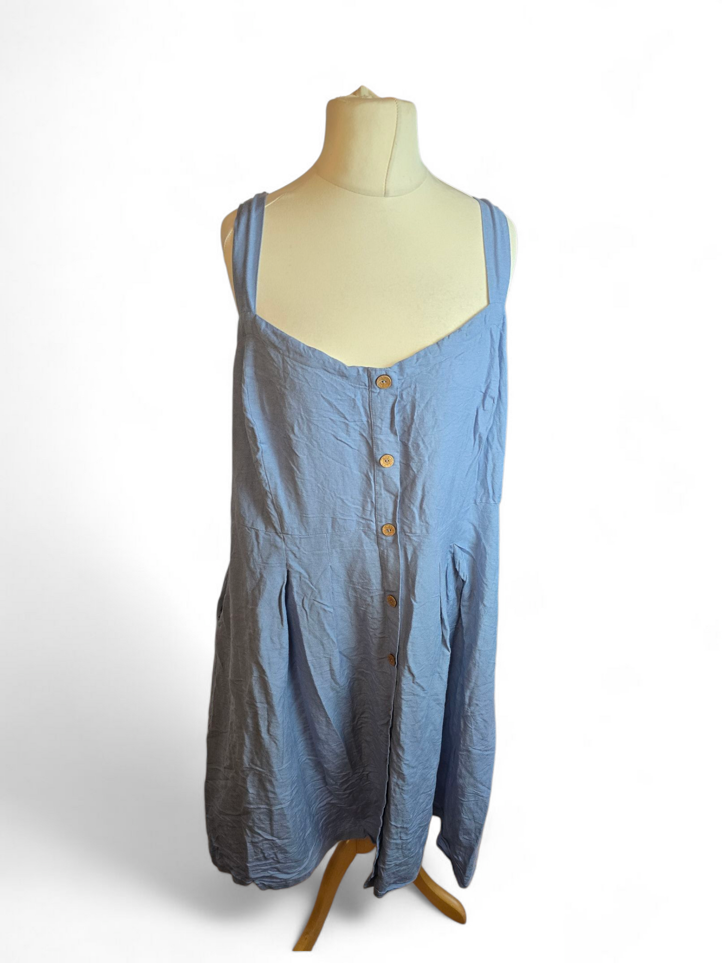 Joe Browns Denim Blue Sleeveless Dress | Wooden Buttons | Elasticated Back | Size 24 | Linen Blend | Knee Length