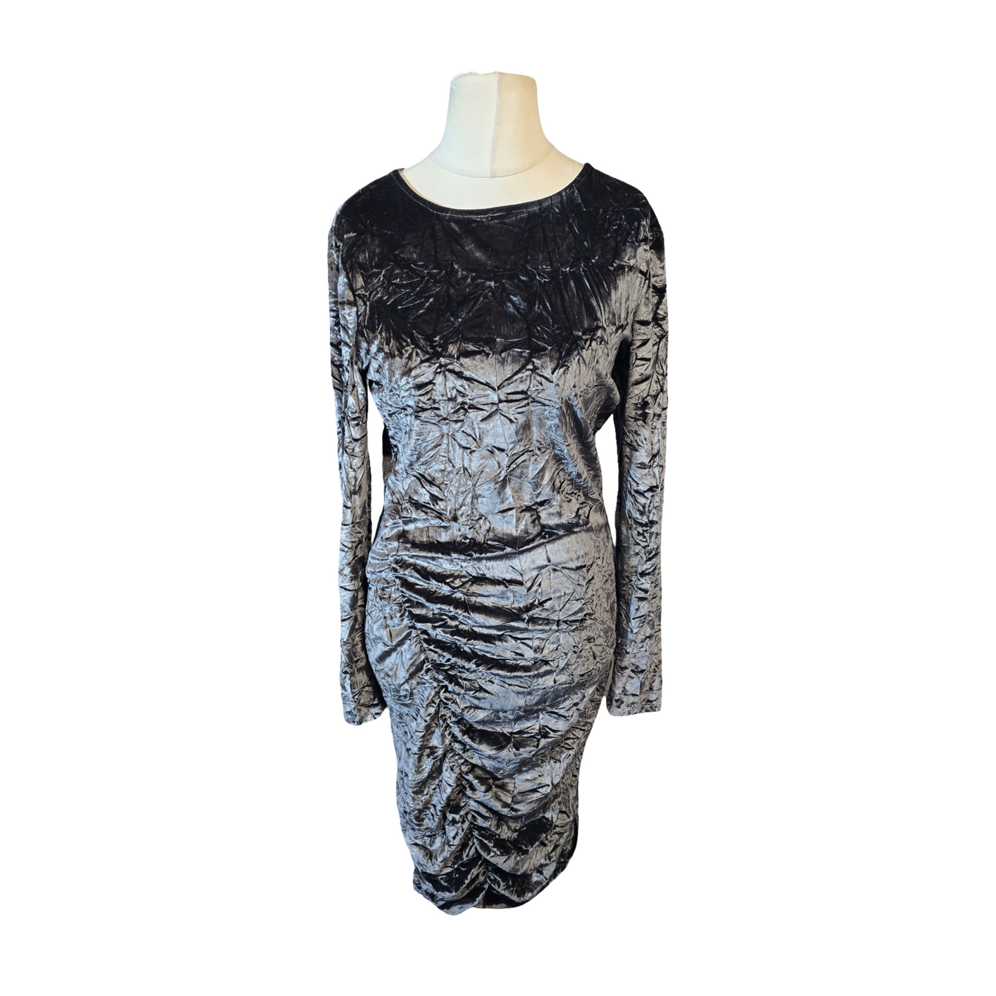 Next Charcoal Crushed Velvet Midi Dress β Ruched Long Sleeve Bodycon β Size 16