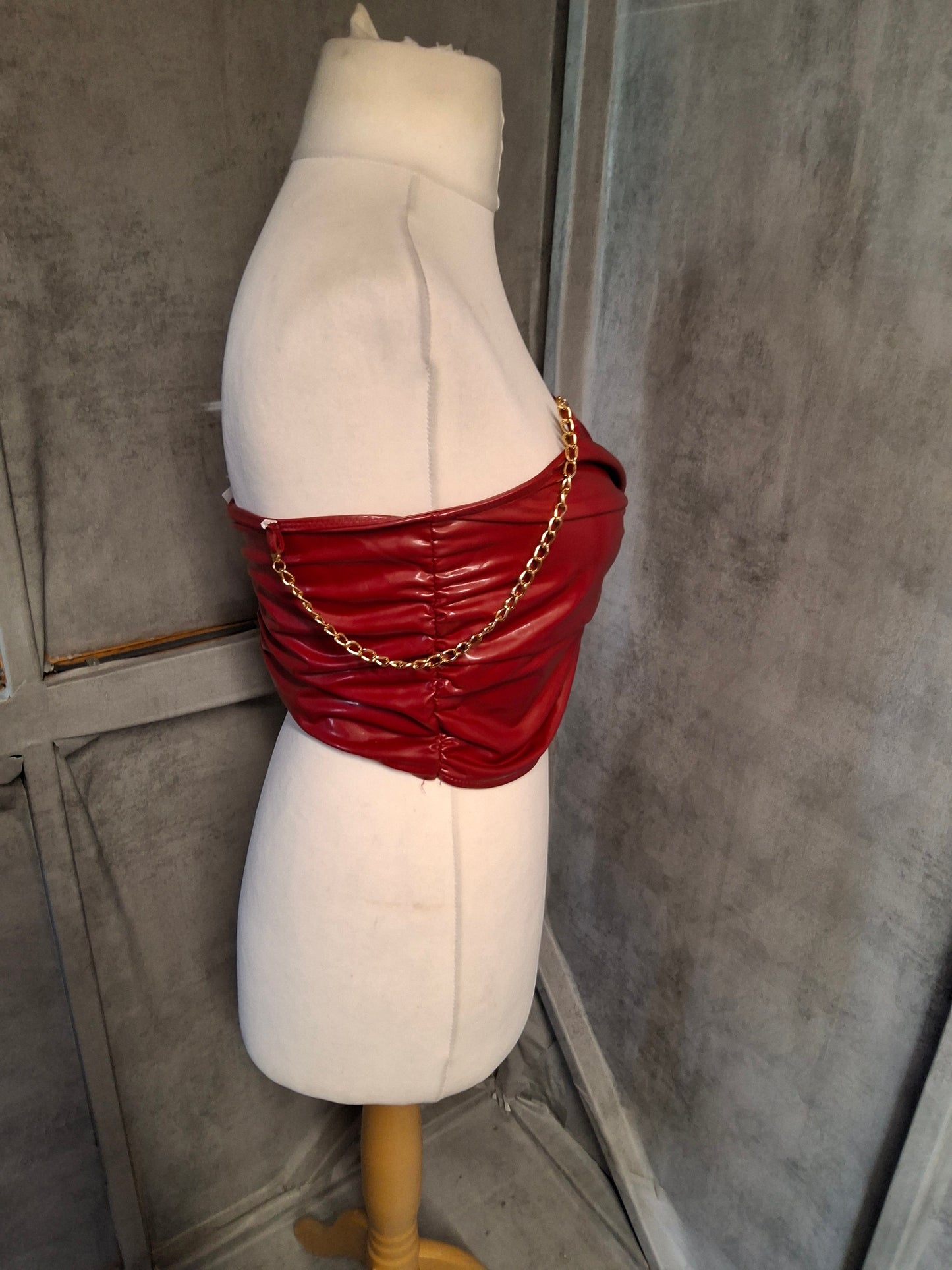 Shein Red Faux Leather Crop Top – Size M (size 10/12) PVC Gold Chain Straps Clubwear