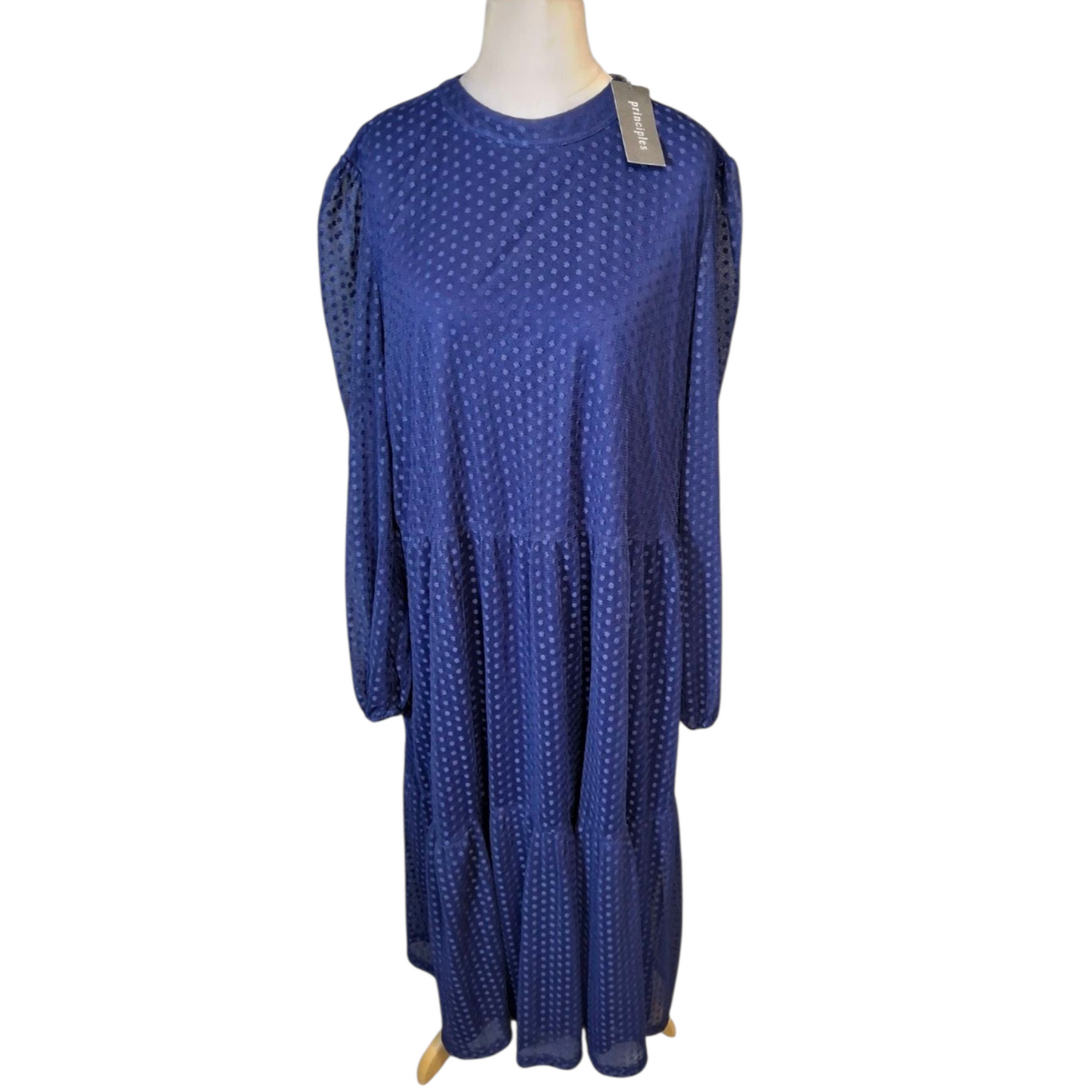 Principles Blue Embossed Polka Dot Tiered Midi Dress ā UK 22 ā NWT