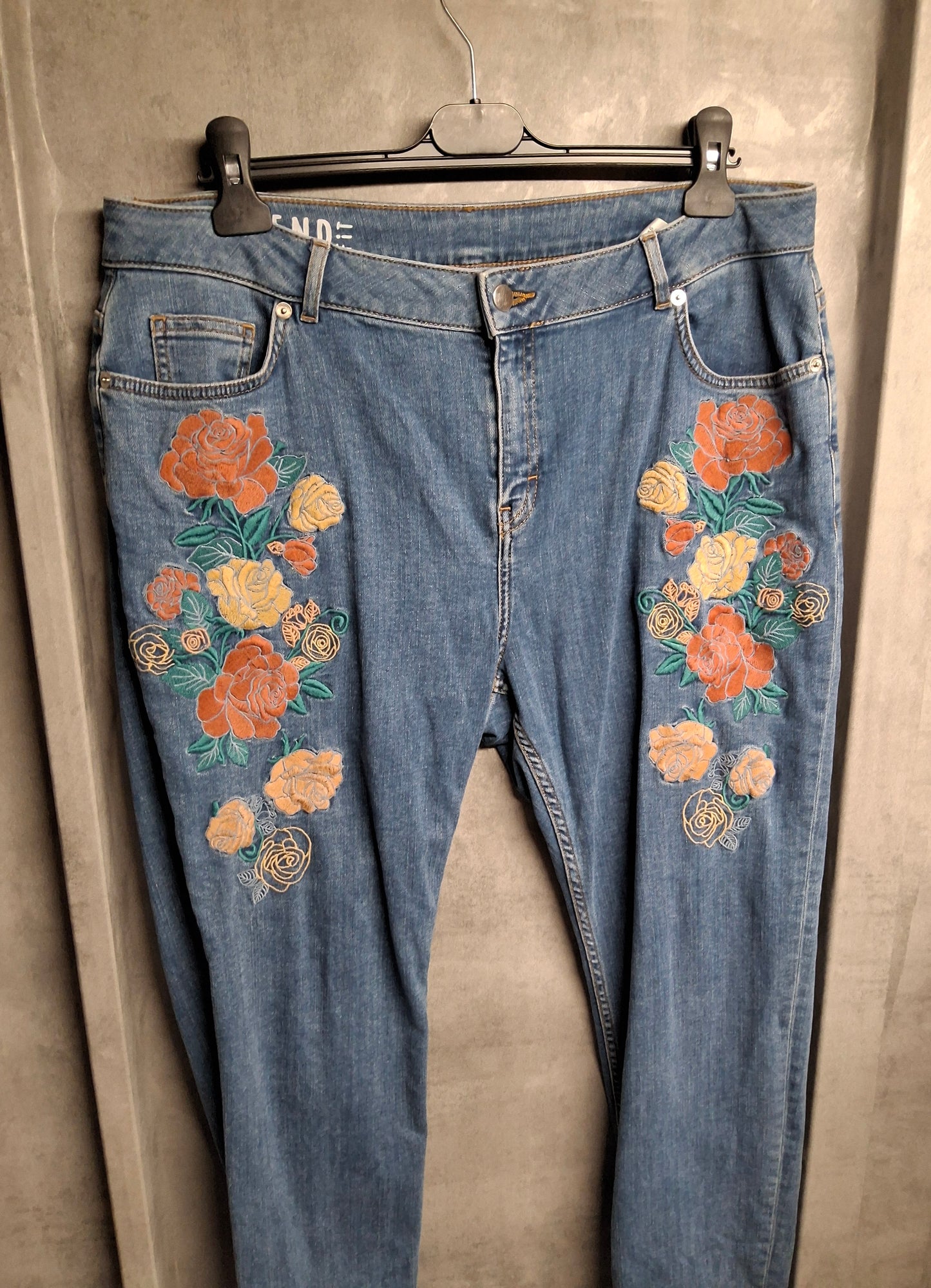 M&S Blue Floral Embroidered Girlfriend Jeans – Size 16