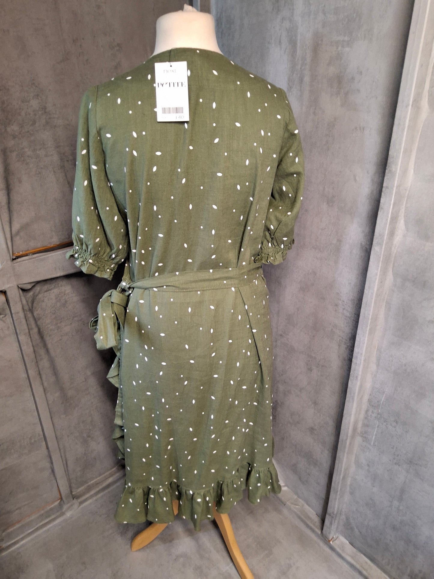 Next Petite Khaki Green Midi Wrap Dress – Size 12P – Linen Blend – NWT RRP £40
