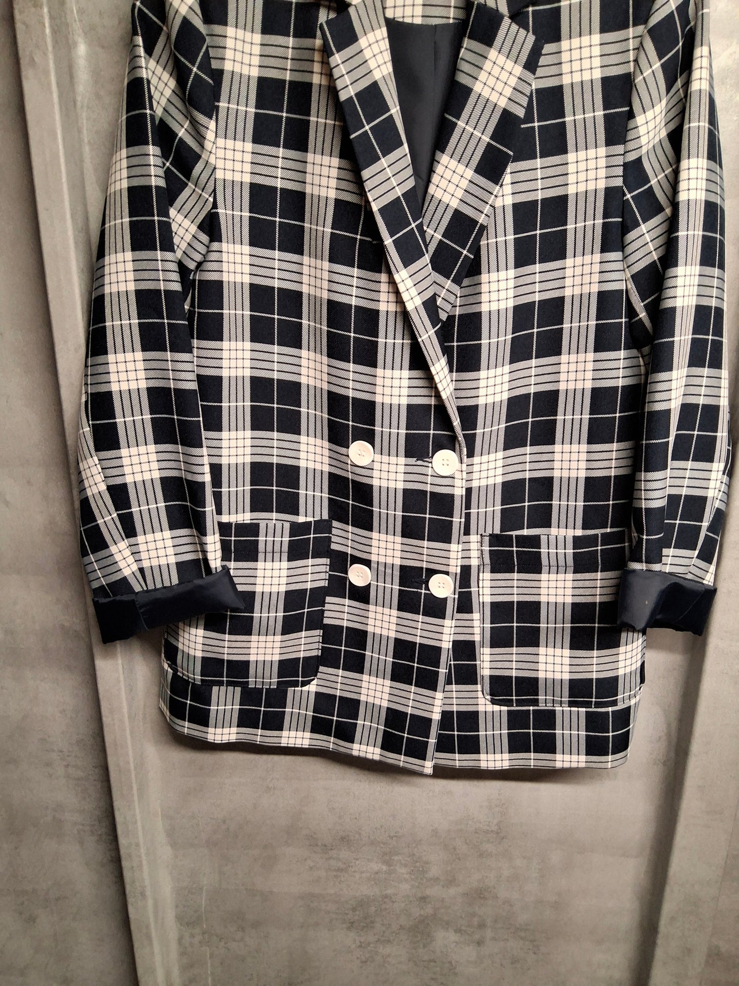 Primark Navy & White Checked Double-Breasted Blazer – Size 8