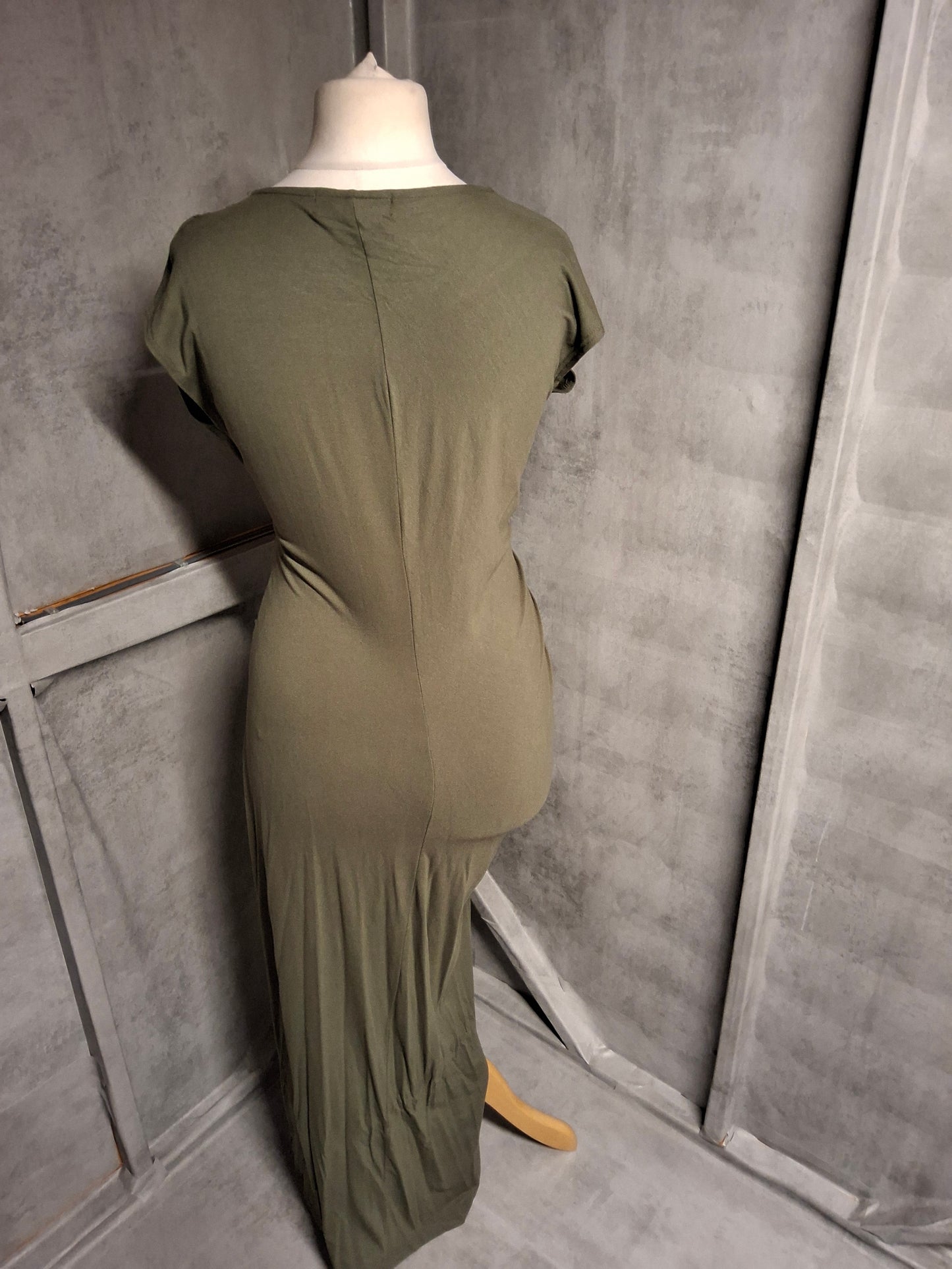 Next Khaki Green Bodycon Maxi Dress | Size 12 | Ruched Wrap Detail & Slit 💚