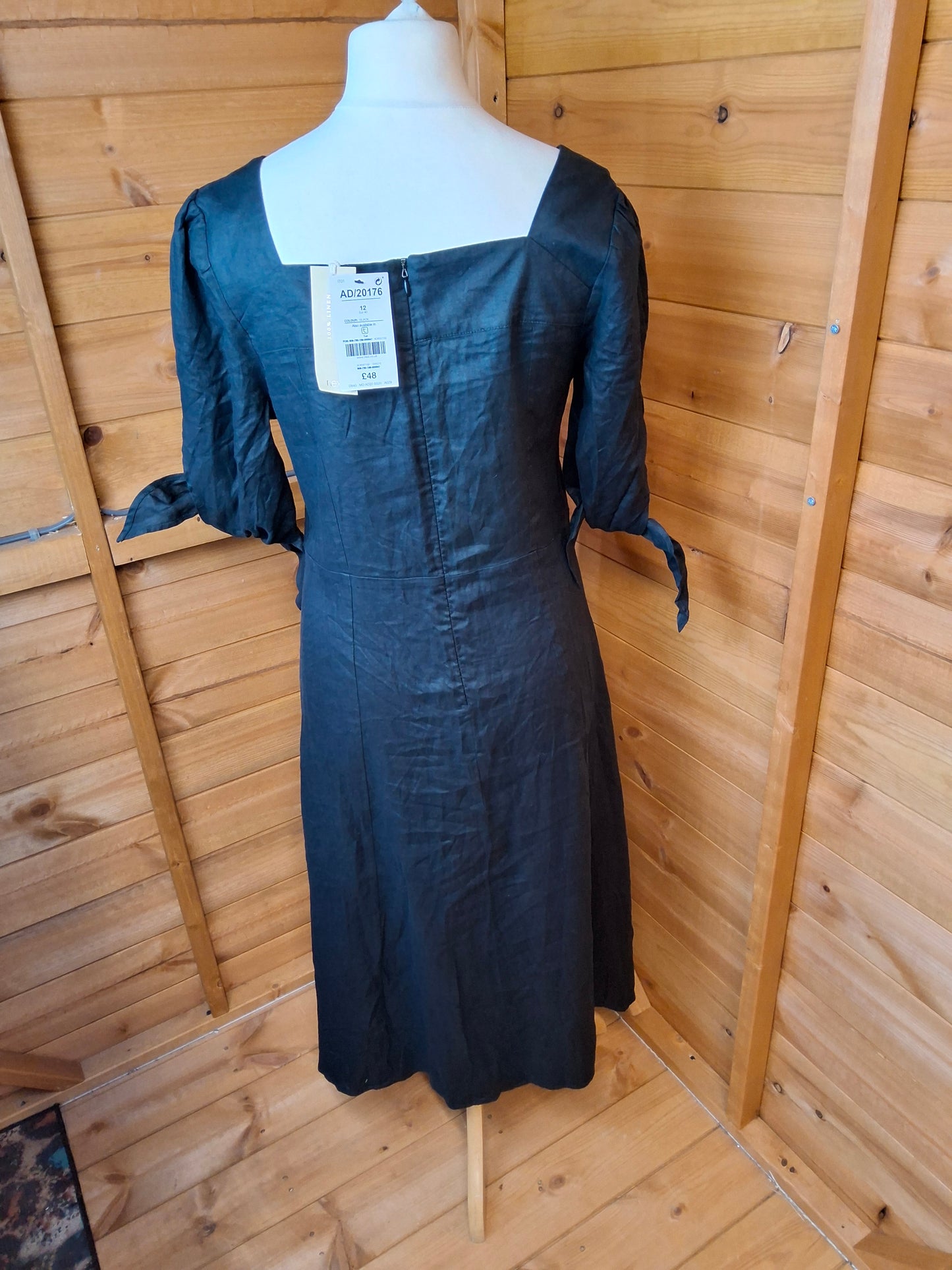 Next Black 100% Linen Midi Dress – Size 12 – NWT – Tie Sleeves – RRP £48