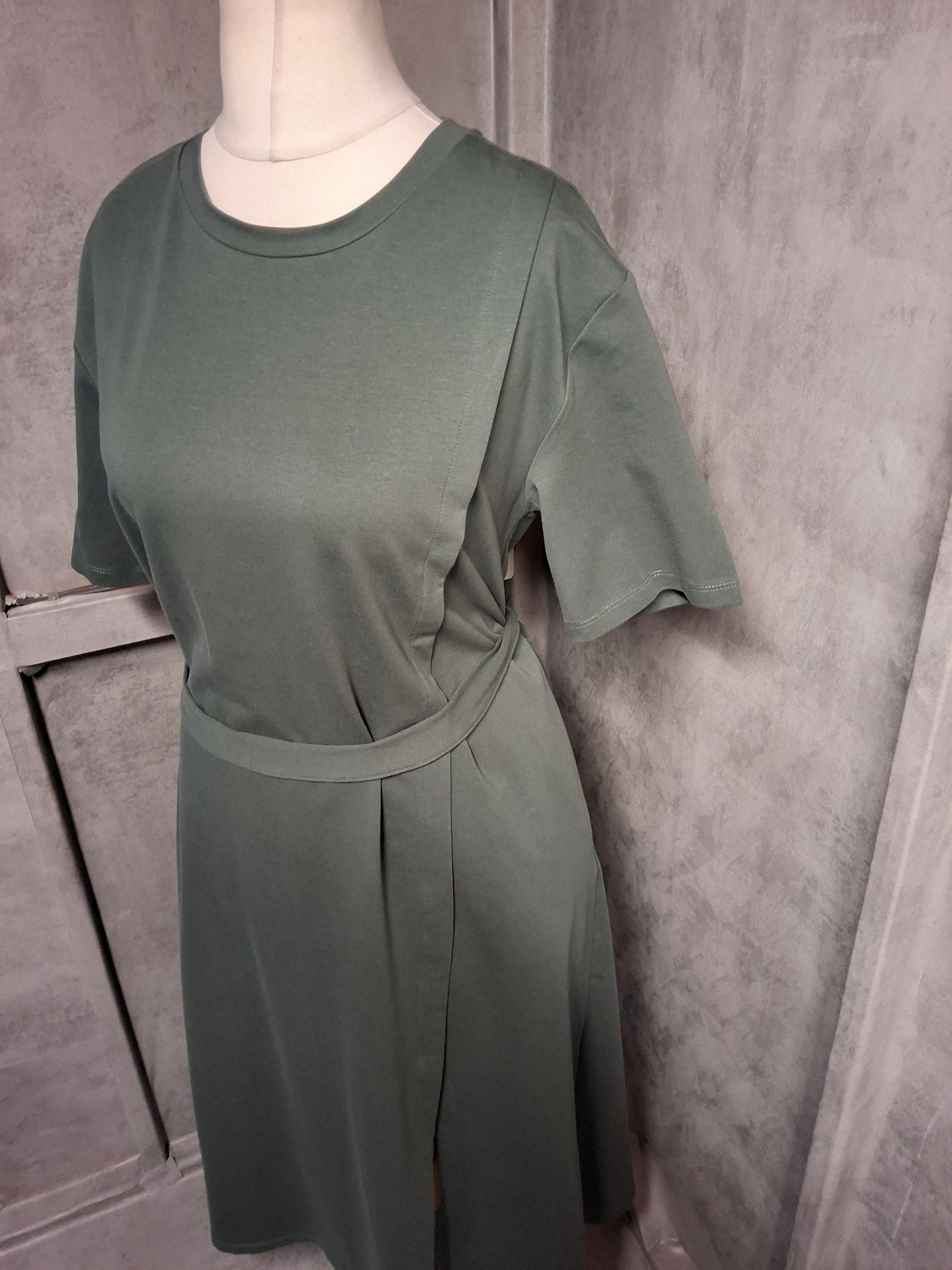 Khaki Green Iora Midi Dress – Belted, Pockets, Size 12