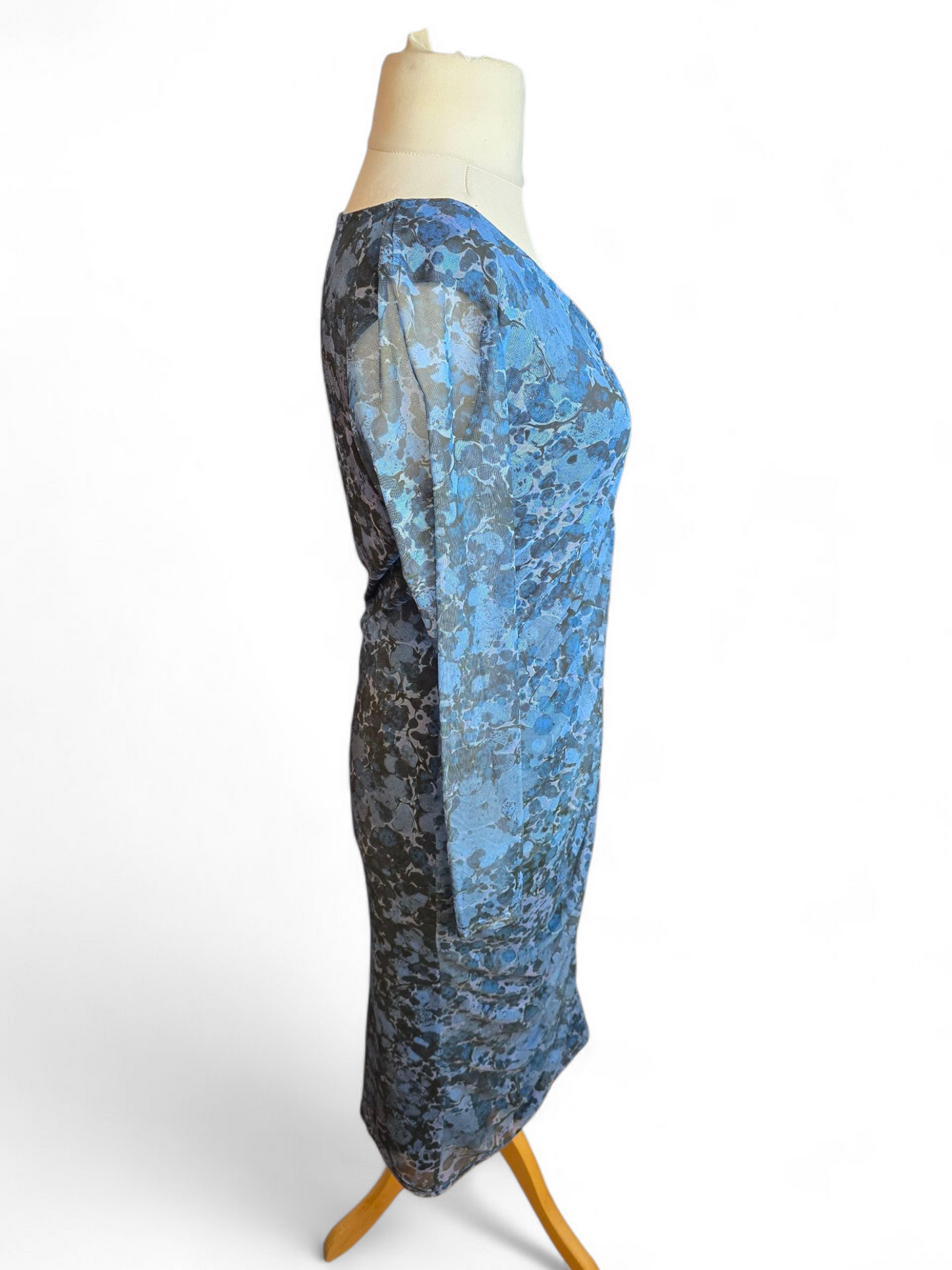 Warehouse Petite Blue Midi Dress Size 14 – Sheer Sleeves, Ruched Waist, Lined, V-Neck, Polyester