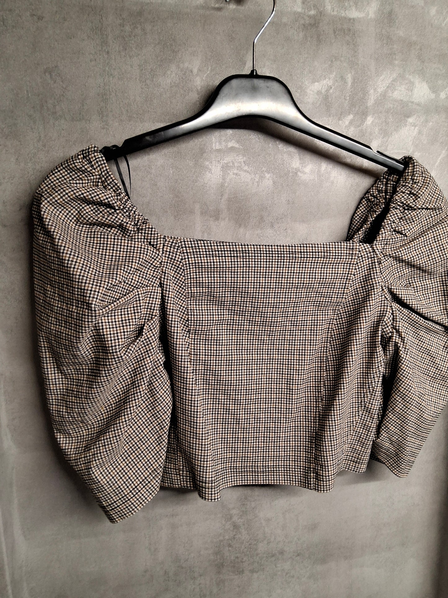 Topshop Check Puff Sleeve Crop Top – Size 10 – Square Neck Sass & Vintage Feels