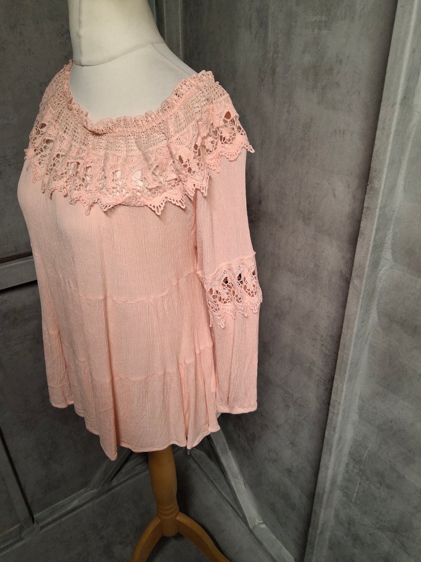 Azaka Light Pink Crochet Boho Top – Size M/L (UK size 10/12)
