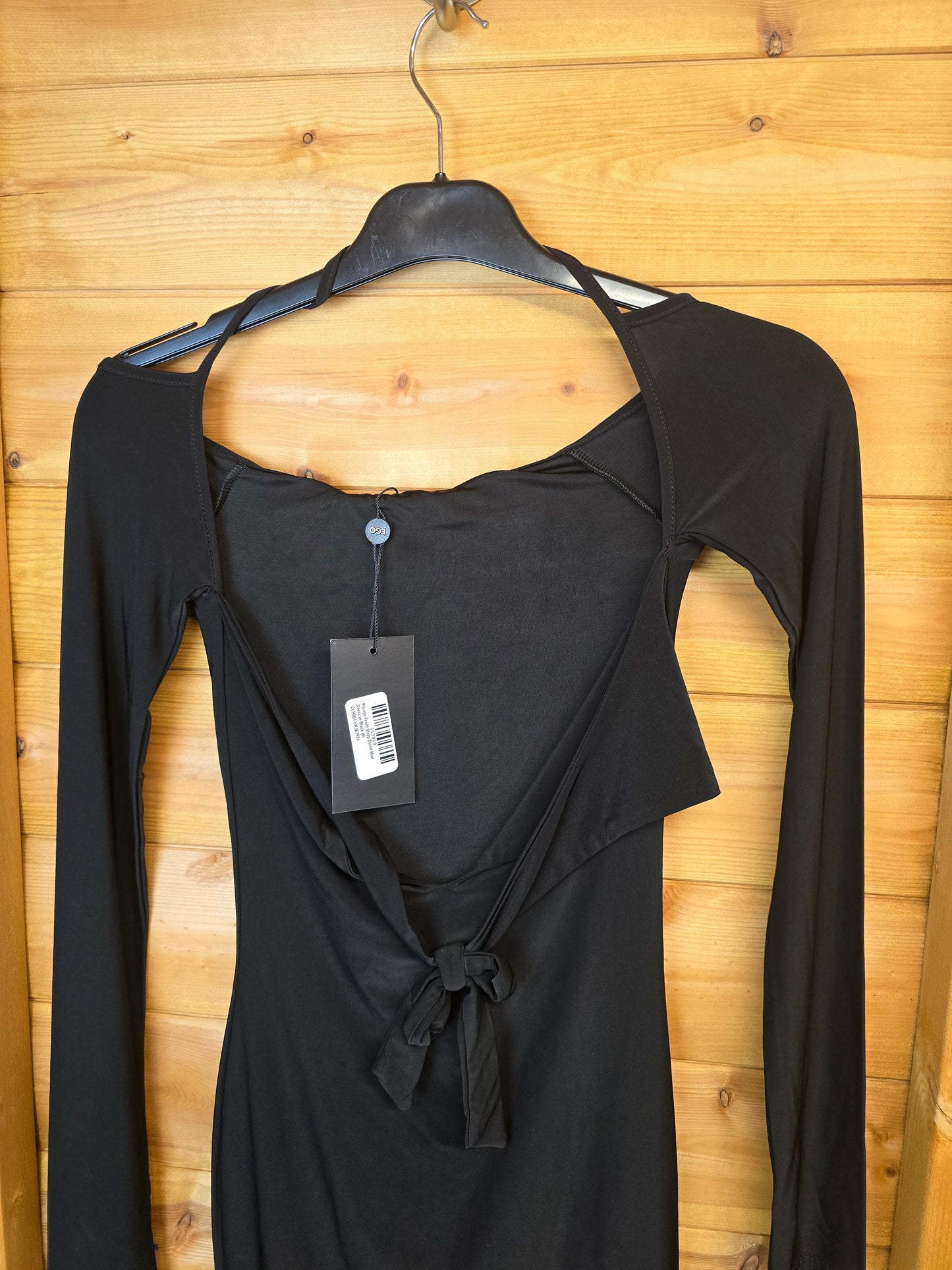 EGO Black Mini Dress Size 6 – Long Sleeves, Knotted Front, Bodycon Style, New with Tags