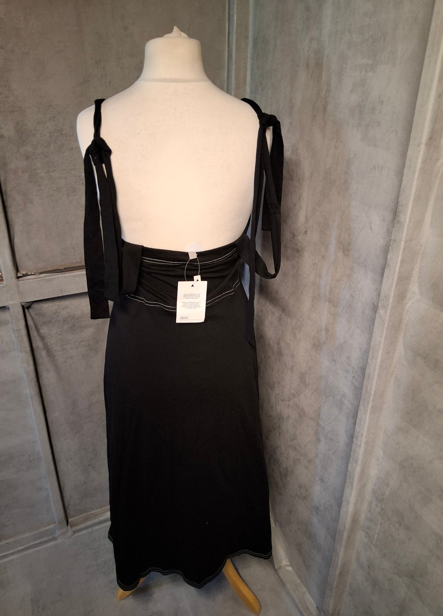 ASOS Black Cotton Midi Dress – Size 12 – Tie Shoulder & Front Slit