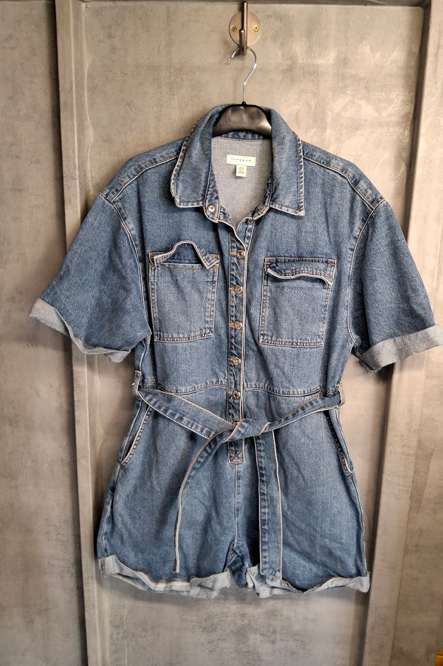 Topshop Denim Blue Boiler Suit Playsuit – Size 12 | 100% Cotton | Pockets & Belted Waist
