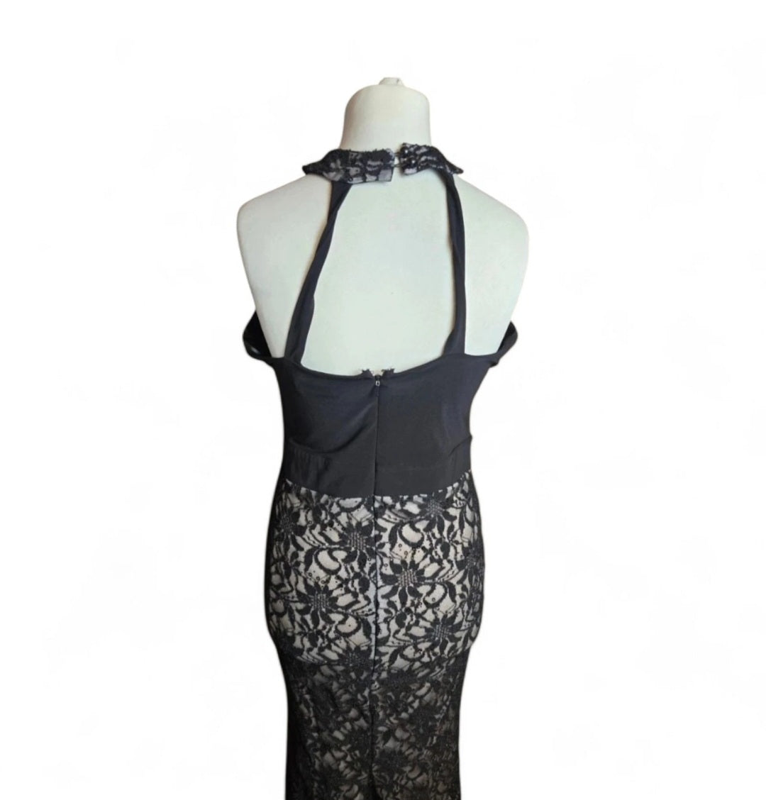 Jane Norman Black Lace Sequin Dress – Size 12, Sleeveless, High Neck, Long A-Line Formal Dress