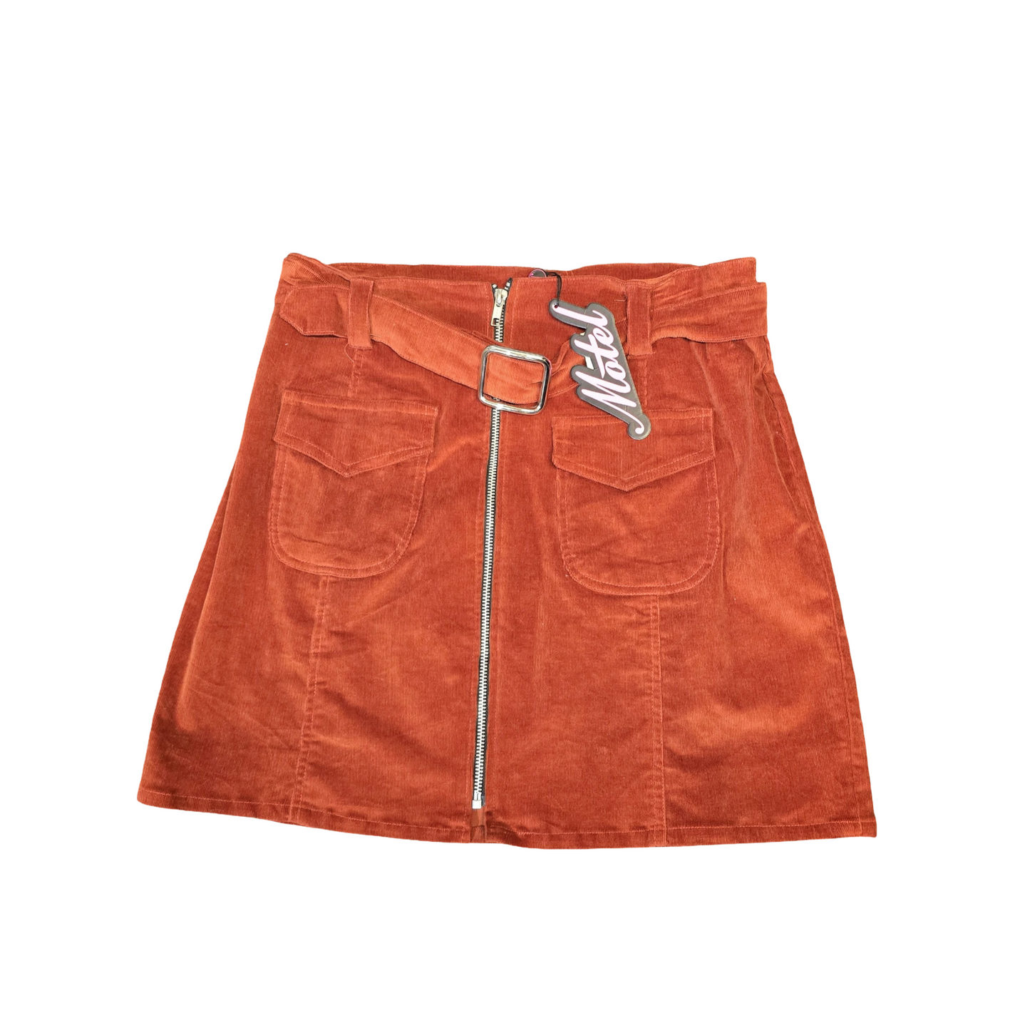 Motel Burnt Orange Cord Mini Skirt – Belted + Zip Front – Size 12