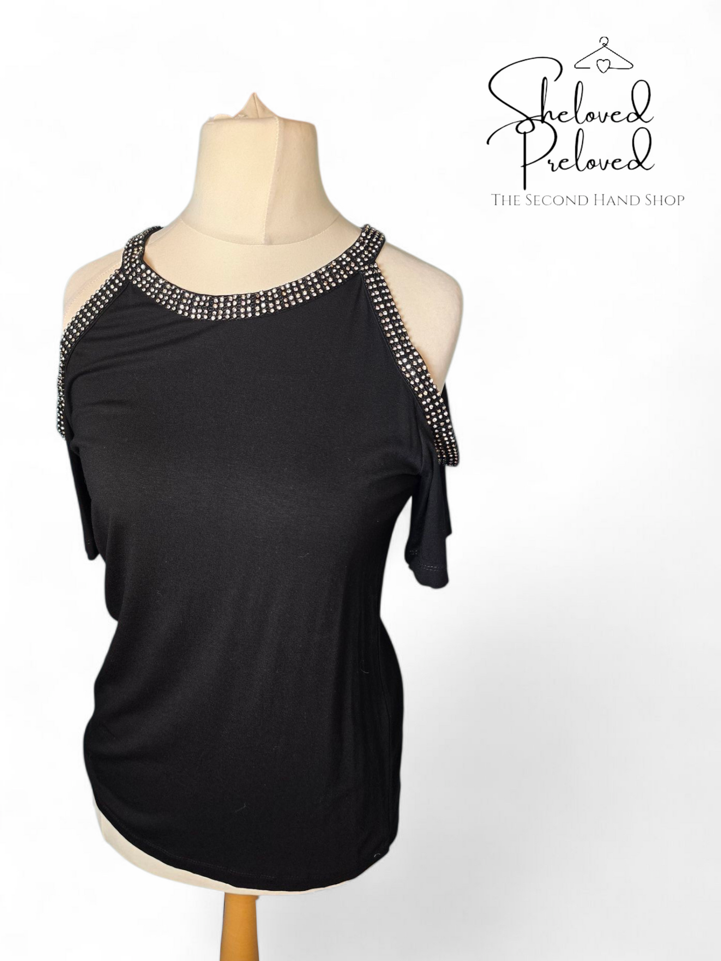 Black & Silver Gem Cold Shoulder T-Shirt – Size 14, Stretch Fit
