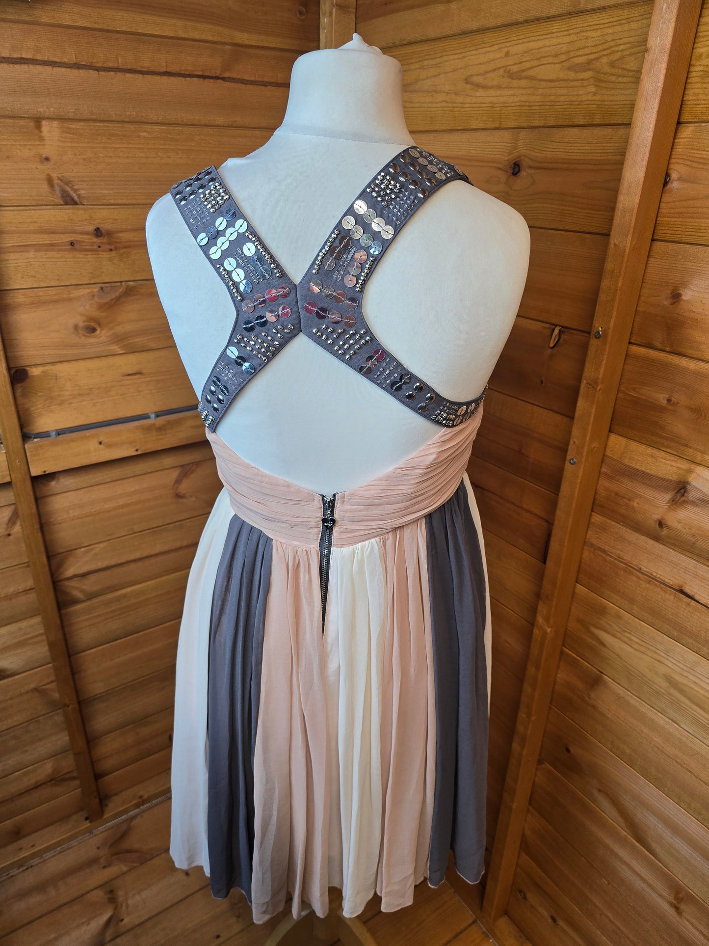 Lipsy Beige Grey Cream Flared Mini Dress Size 12 – Gem & Sequin Detail, Sleeveless, Zip Back