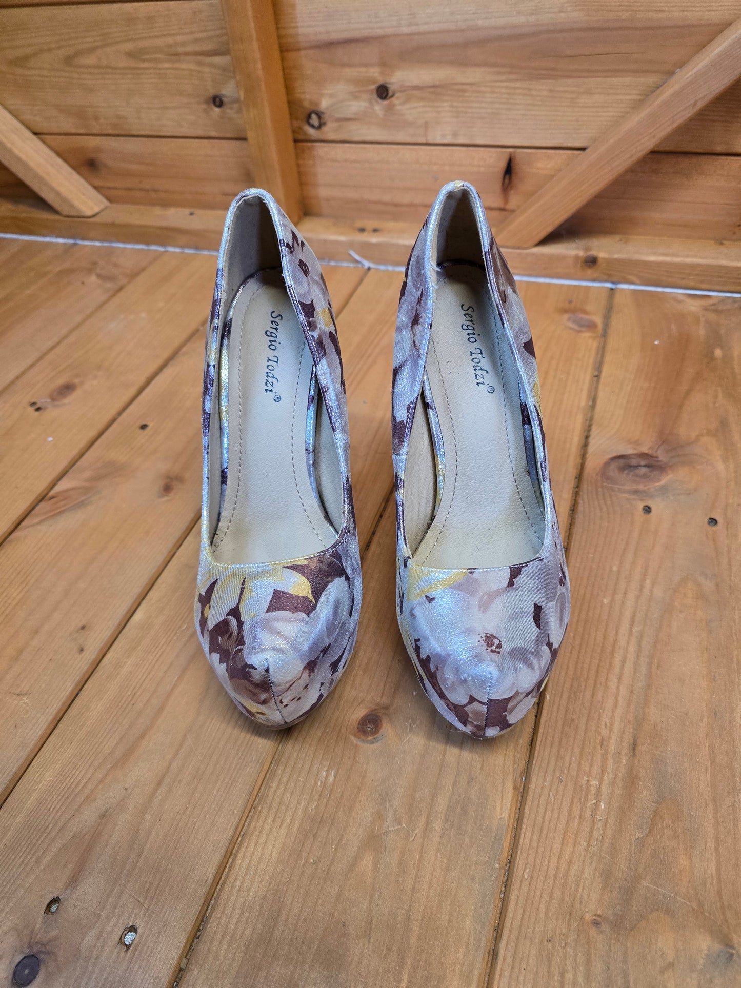 Sergio Todzi Silver, Purple & Yellow Floral Platform High Heels UK 4 – Metallic 13cm Heel